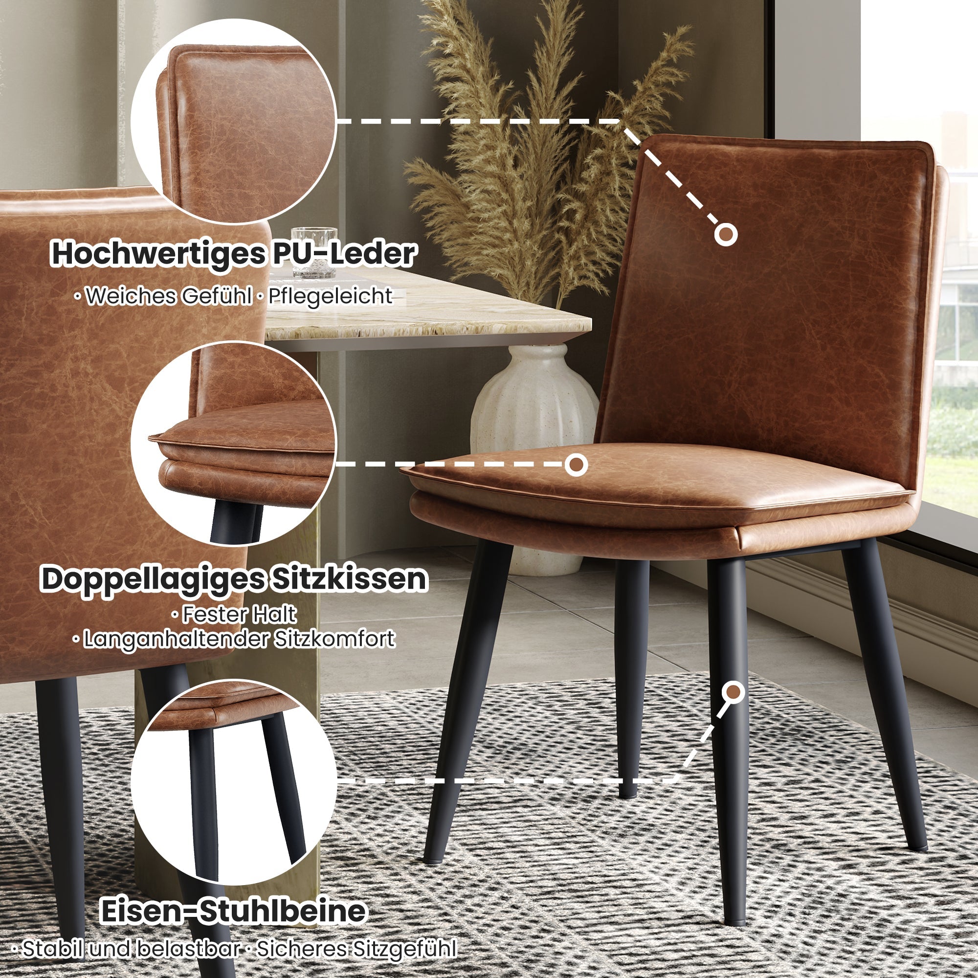 2 Dining Chairs PU Leather Double Cushion Modern - Brown