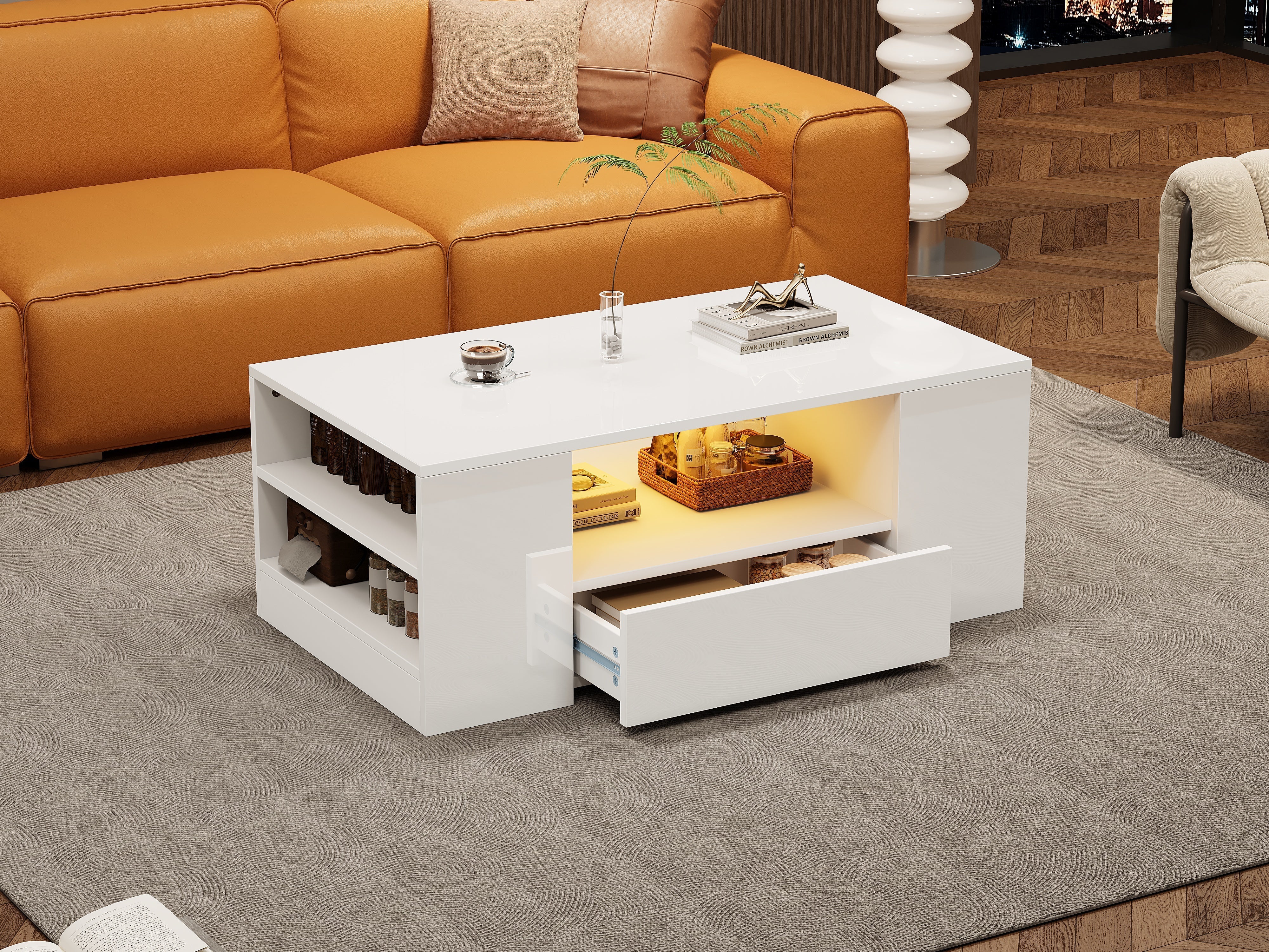 Modern High-Gloss Coffee Table with 2 Drawers and 2 Shelves, White