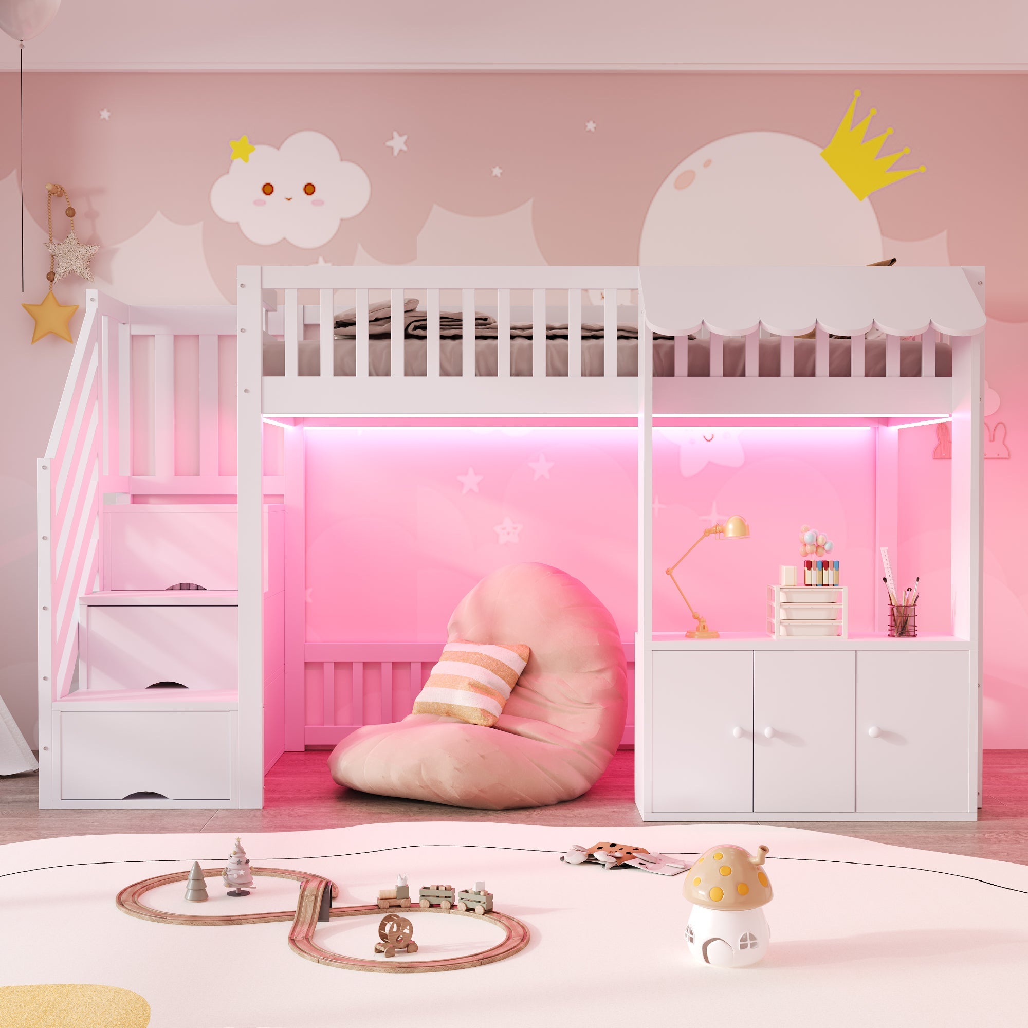 Wooden Loft Bed with Storage Wardrobe, Stairs and LED Light, 90x200cm, White Wood