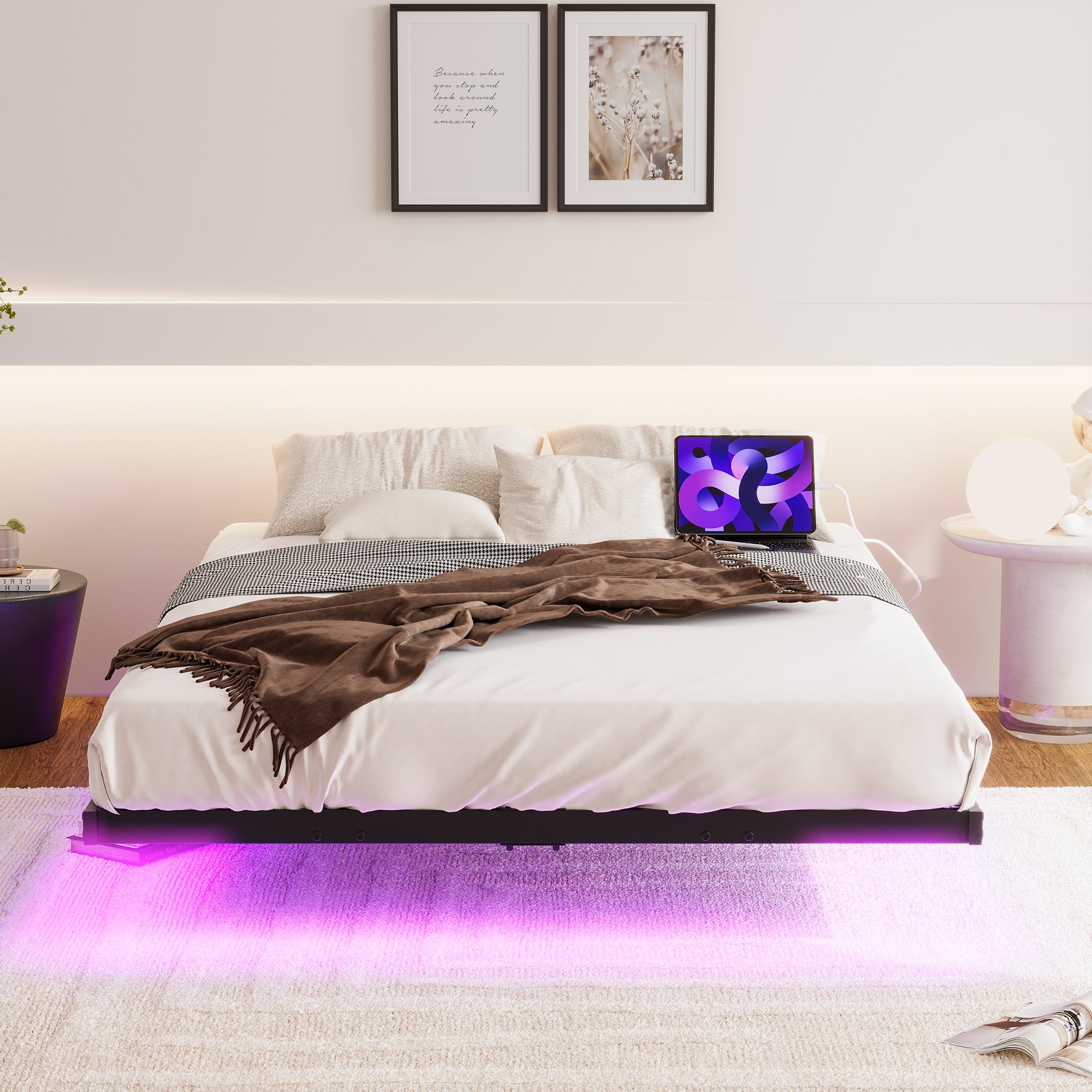 Floating Bed Frame 140x200cm LED & Charging Station, Metal Black