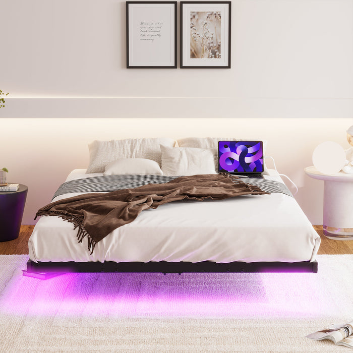 Floating Bed Frame 140x200cm LED & Charging Station, Metal Black