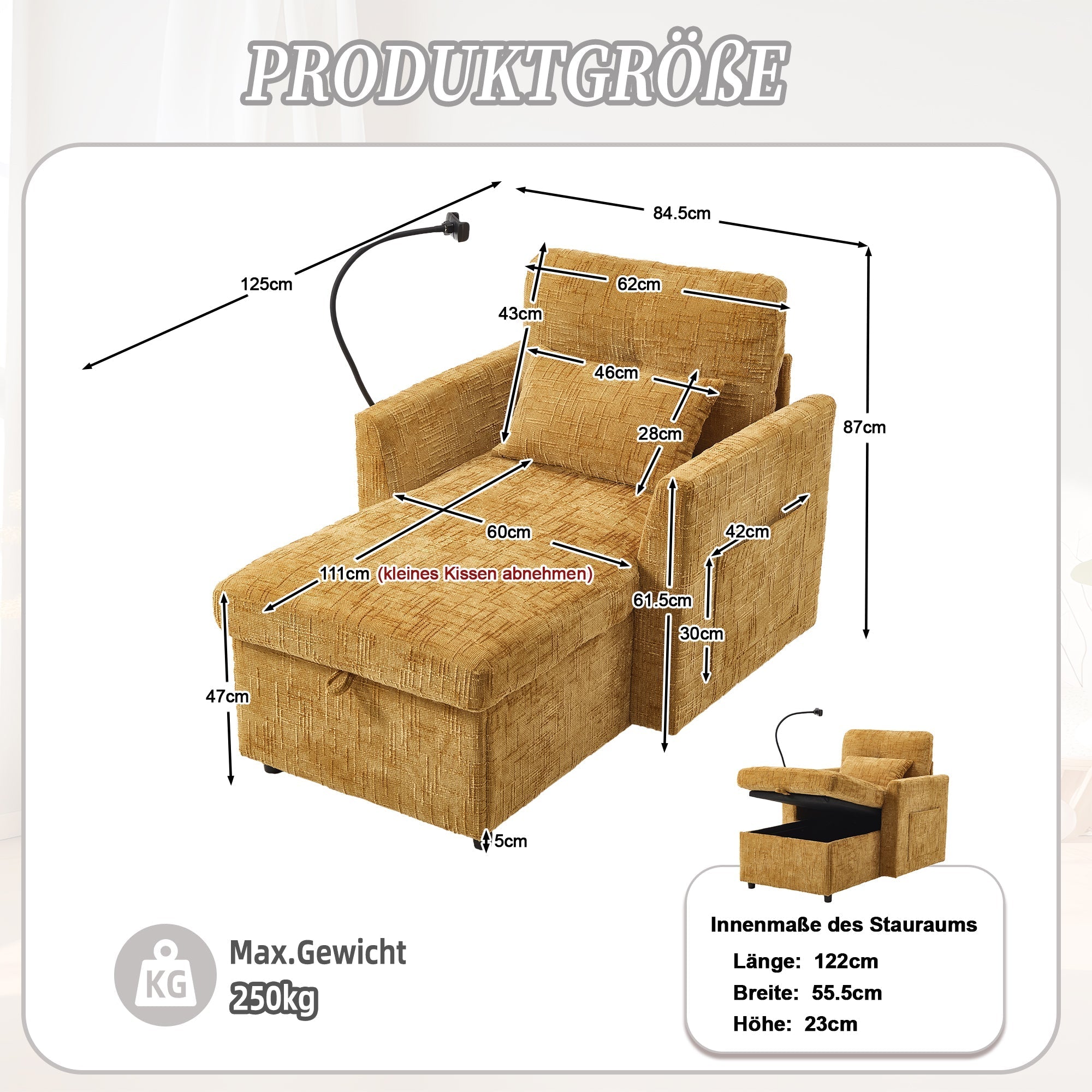 Reclining Sofa Lounge Chair, Multifunctional with Phone Holder, Chenille Fabric