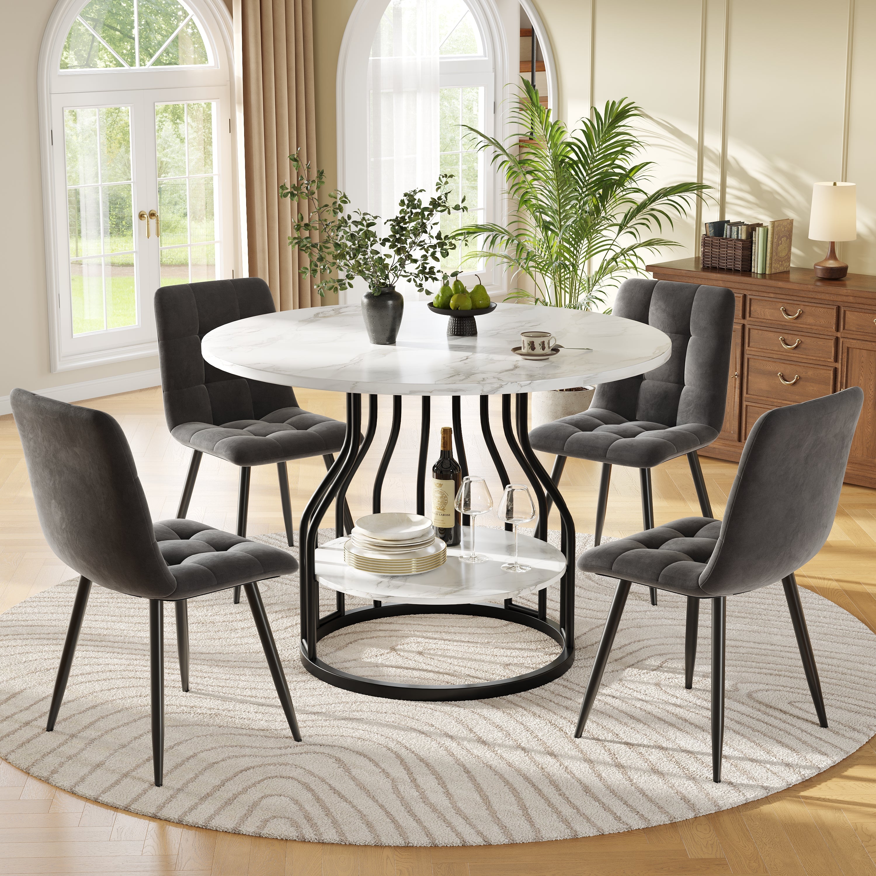 Dining Set 5-Piece Round 80cm Marble Top 4 Chairs - Grey Velvet