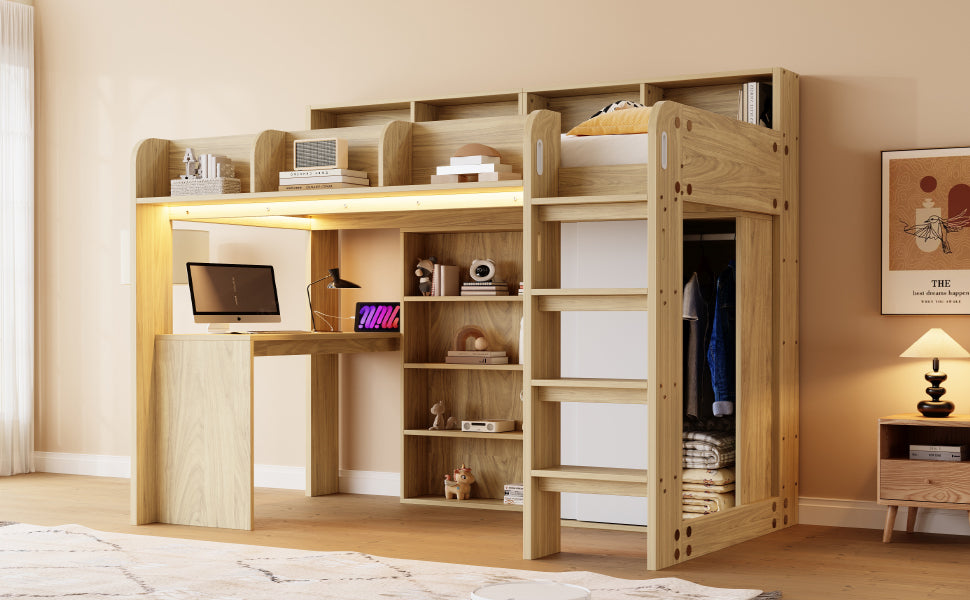 Multifunctional Loft Bed with Desk, Wardrobe, LED Lighting and Power Outlet, Wood Color