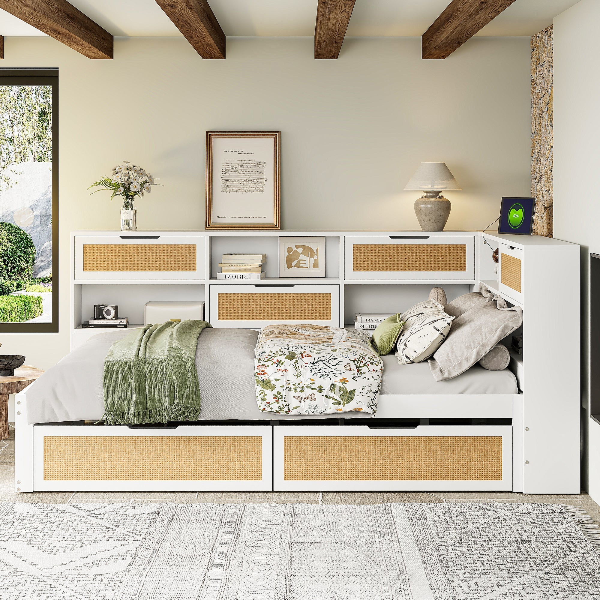 Solid Wood Sofa Bed 140x200 Multifunctional Single/Children's Storage Charging Port, White