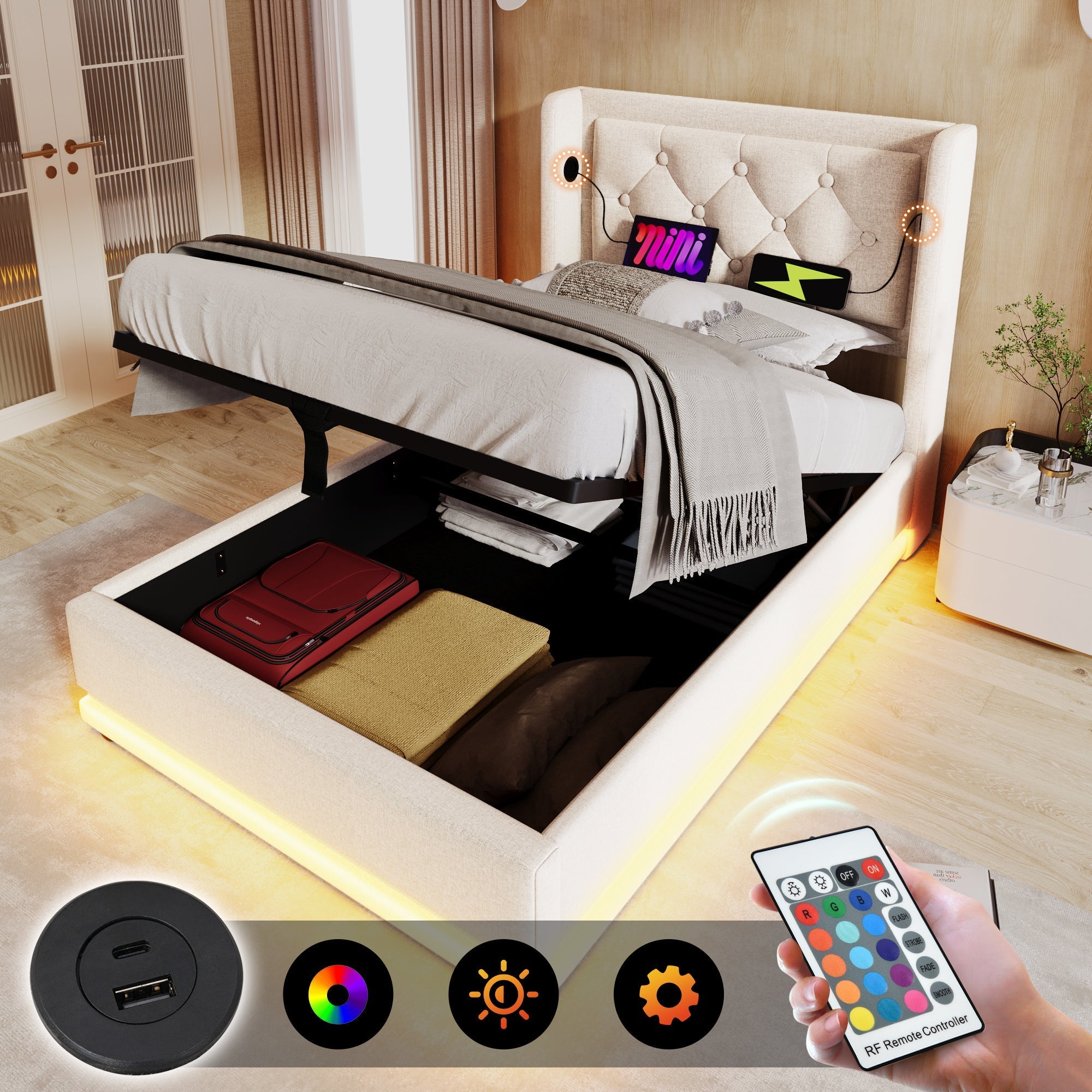 Upholstered Single Bed, Hydraulic Storage with USB & LED, Beige Cotton