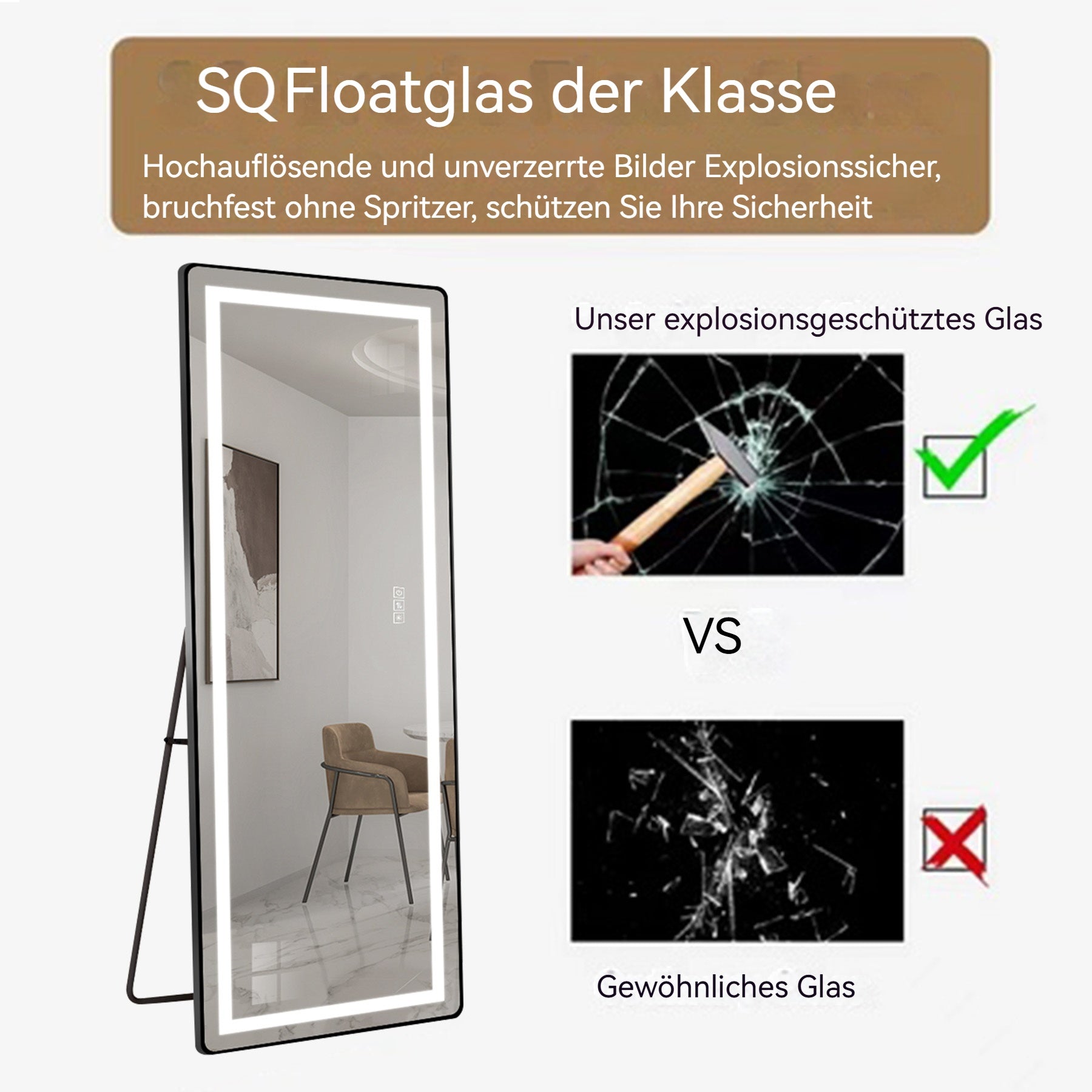 Ganzkörper-Standspiegel, LED-Dimmfunktion 163x54CM, Aluminiumlegierung Schwarz