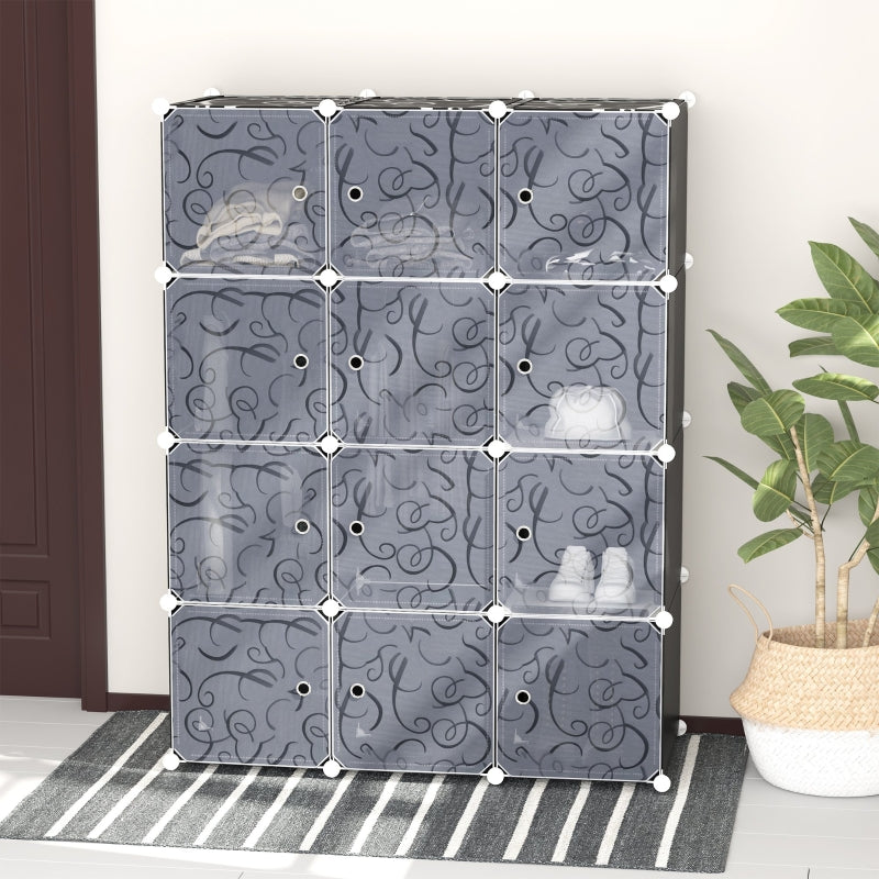 Portable Wardrobe 12 Cube Modular Storage Cabinet with 2 Hanging Rails Plastic White and Black