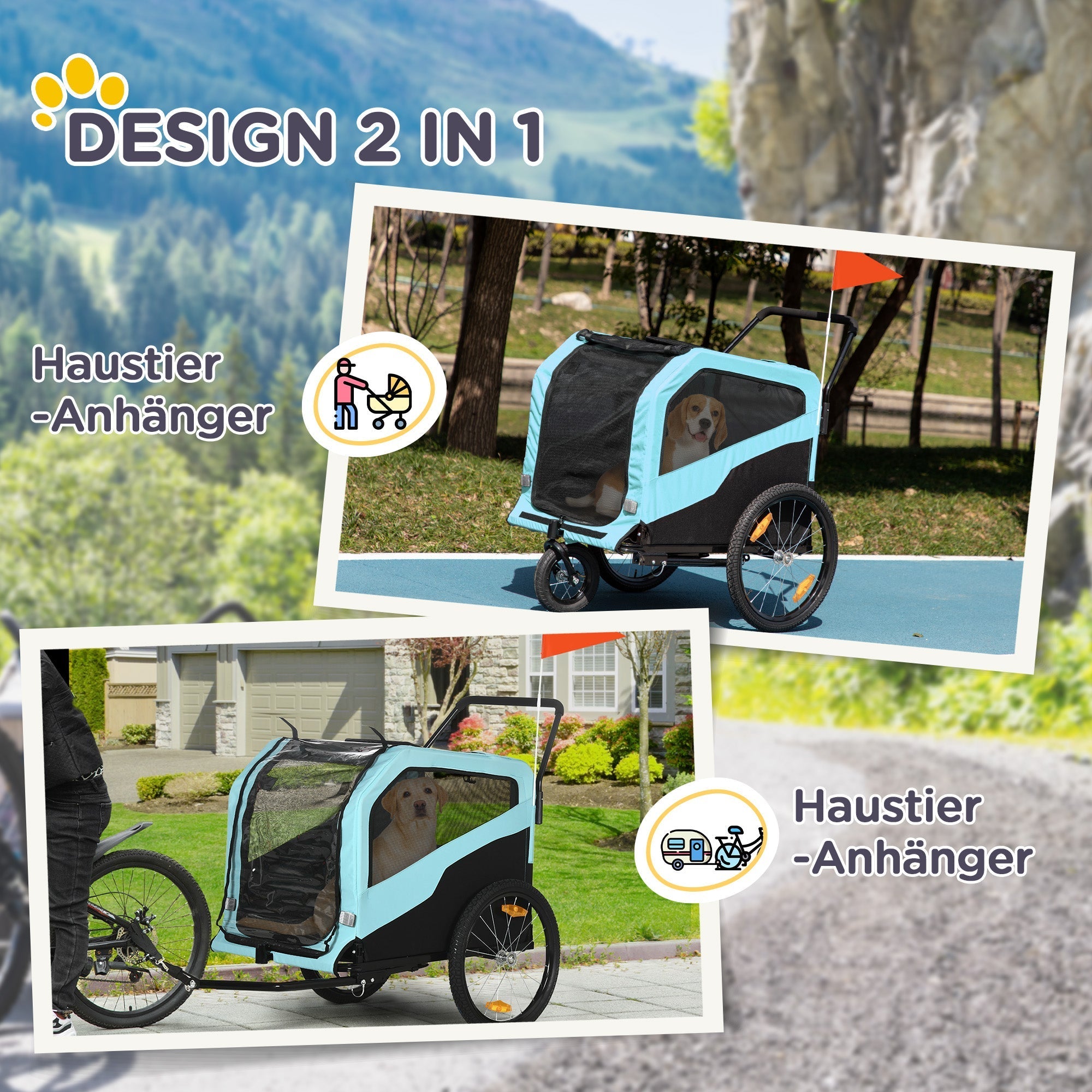 2-in-1 Dog Trailer & Stroller, Bicycle Attachment, max. 30 kg, Oxford Fabric, Blue