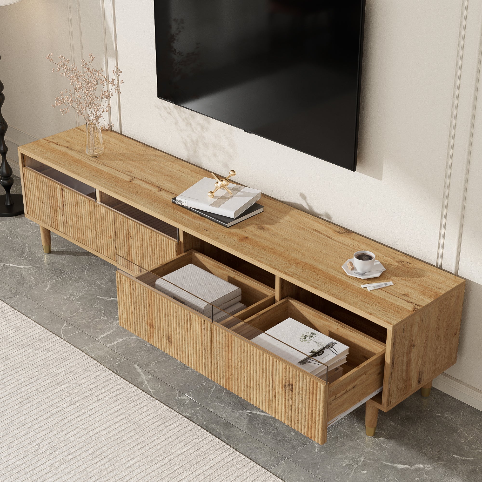 Modern TV Cabinet 178cm Minimalist Large Storage 4 Drawers, Wood Look MDF & Acrylic