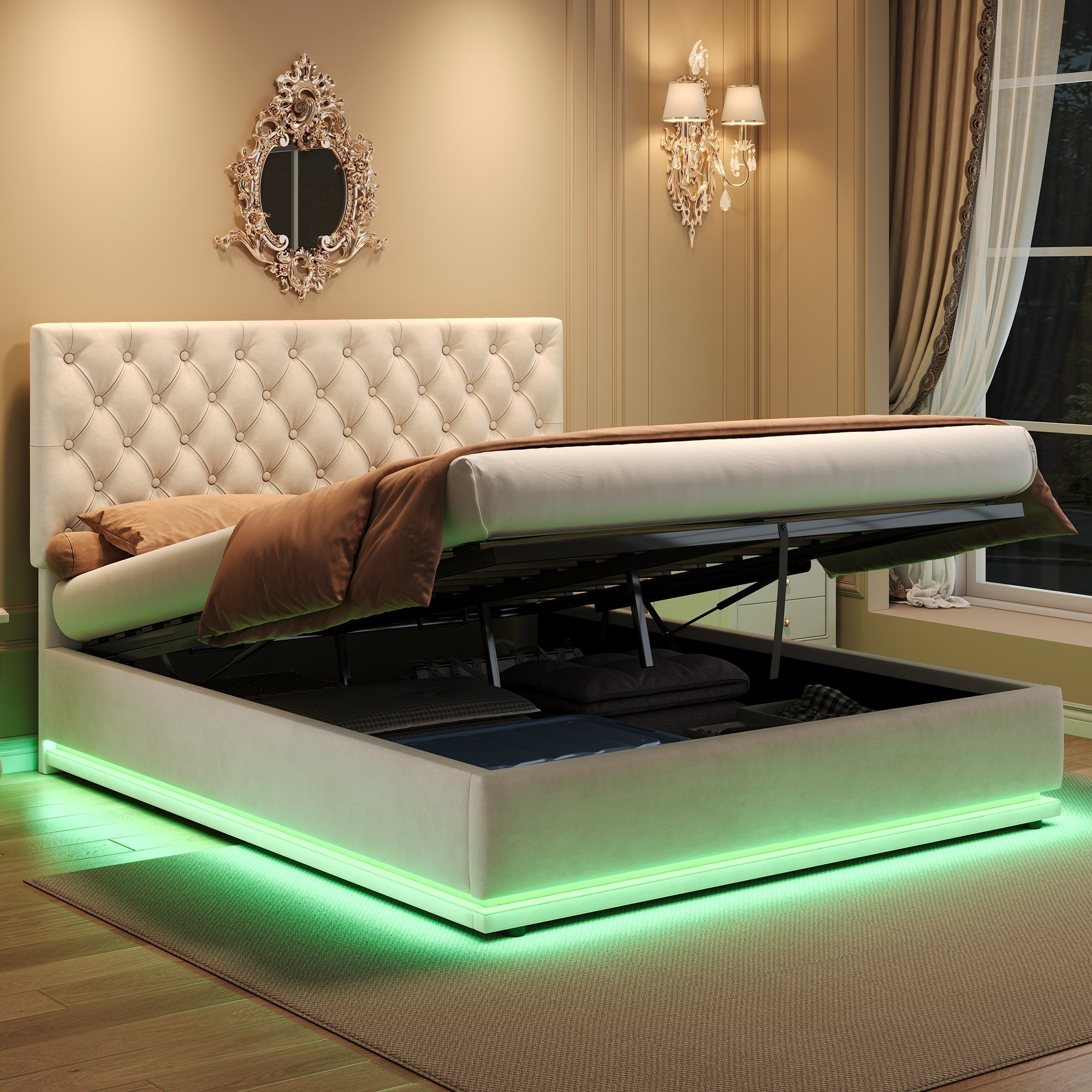 Double Ottoman Bed with LED, Hydraulic Storage, Adjustable Headboard, Velvet Beige