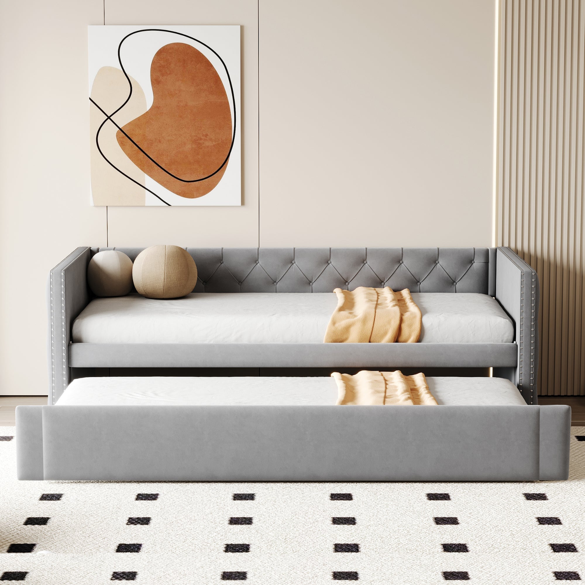 Upholstered Bed, Pull-Out Sofa Bed, 90x200cm, Classic, Guest Bed, Light Grey Velvet