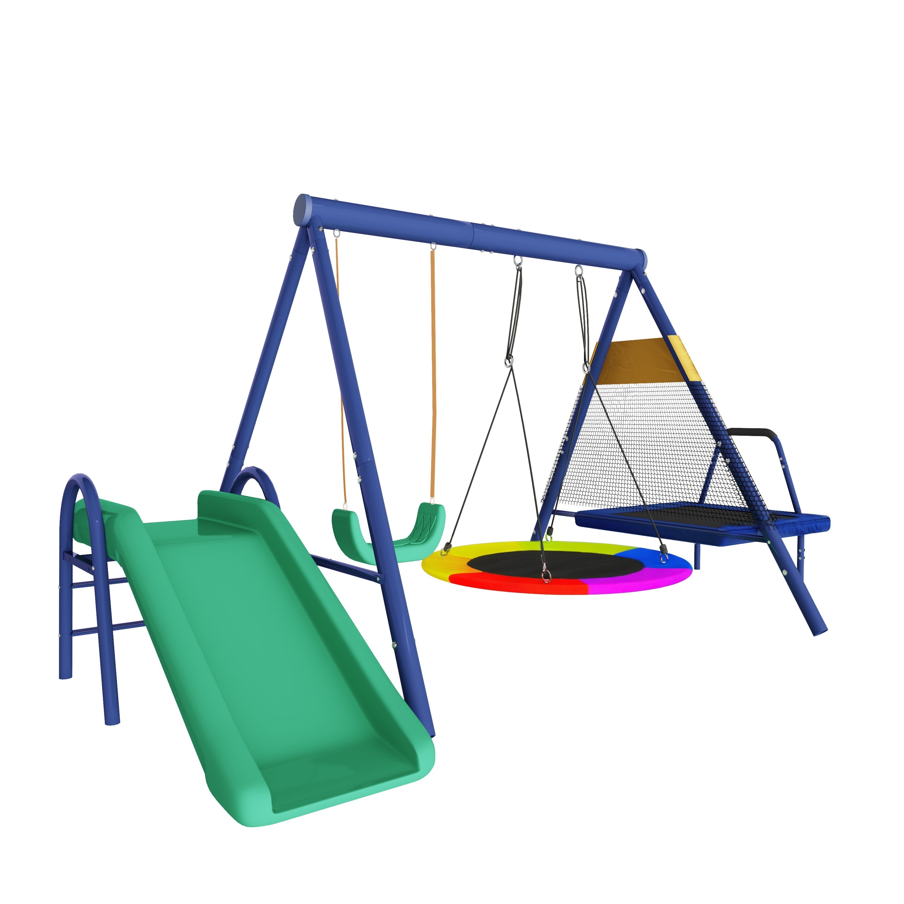 Multifunctional outdoor swing set with slide, trampoline, round nest swing, and plastic swing, safe and durable