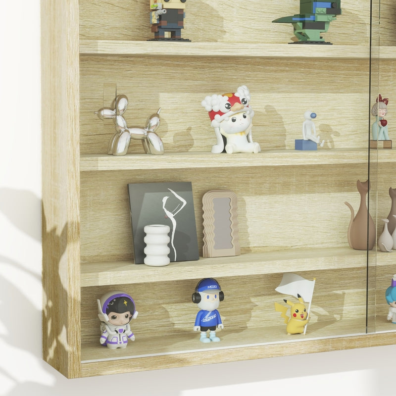 5-Tier Wall Display Cabinet with 4 Adjustable Shelves and Glass Doors, Oak