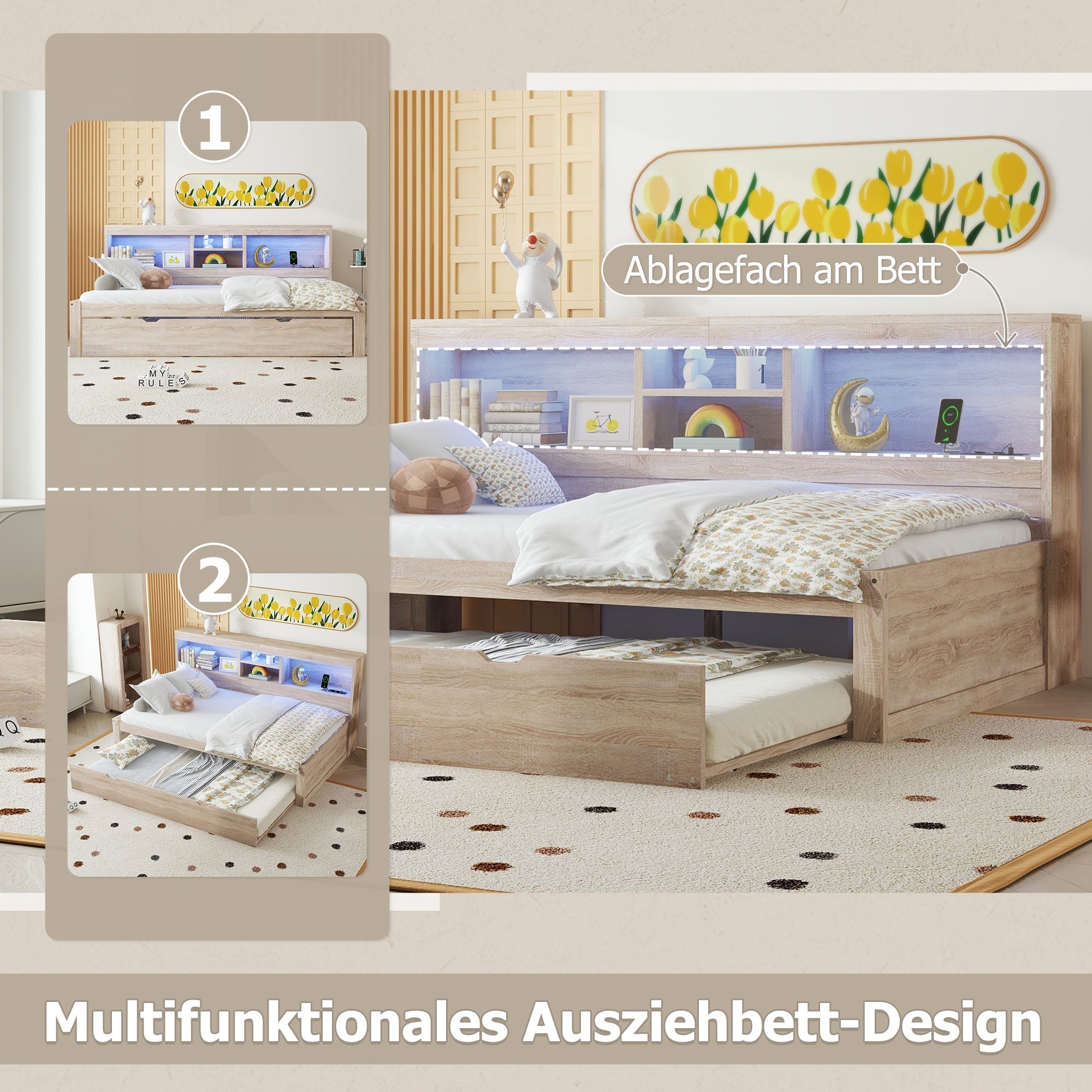 Daybed with Pull-Out Bed, LED Lights and USB Port, Natural Finish