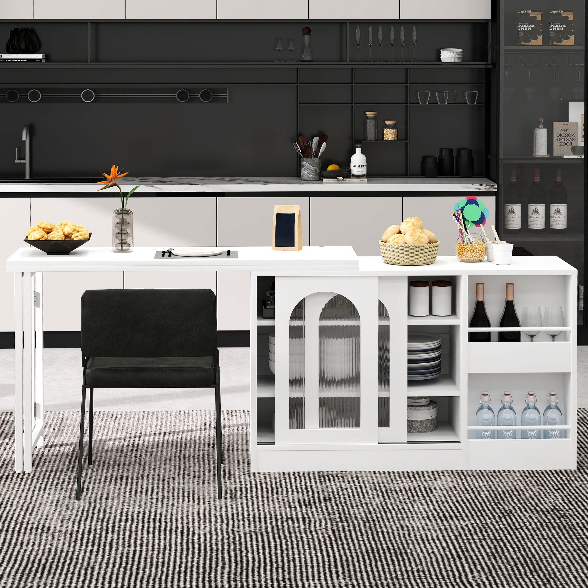 Bar Table, Extendable 360° Rotating with Storage & Glass Door, White