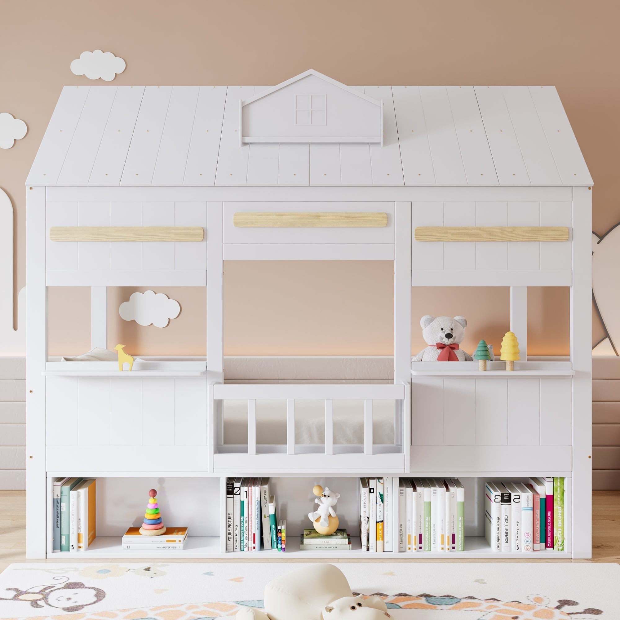 Loft Bed with House-Shaped Design, Bookshelf and Slatted Base, 90x200cm, White Pine + MDF
