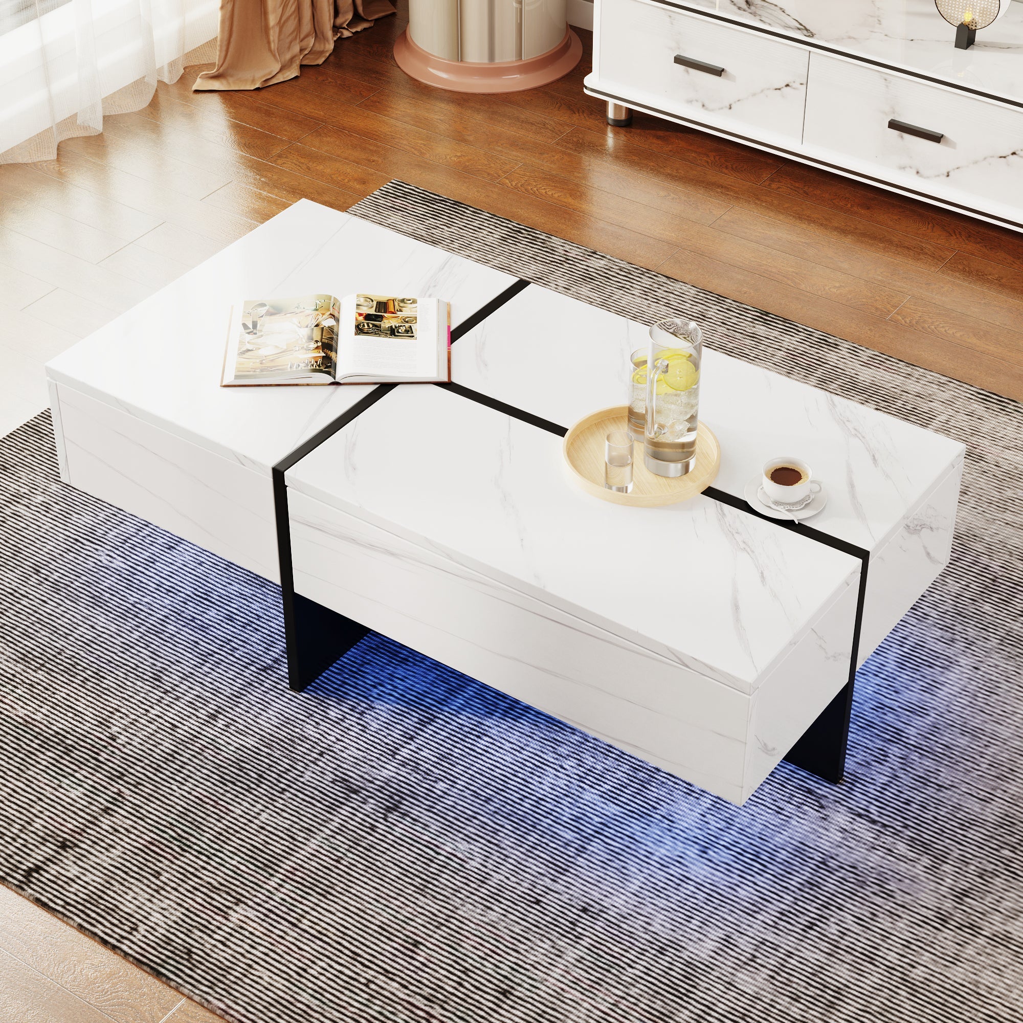 High-Gloss Coffee Table, LED Lighting and Drawers, White Marble-Effect
