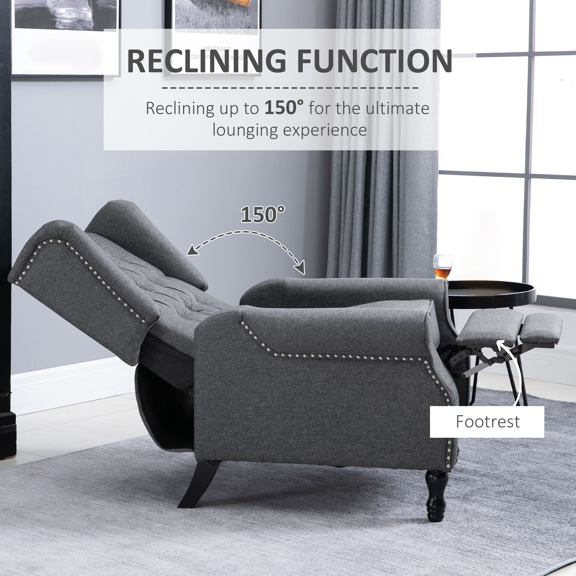 Recliner Armchair, Vintage Wingback Chair with Footrest, Grey