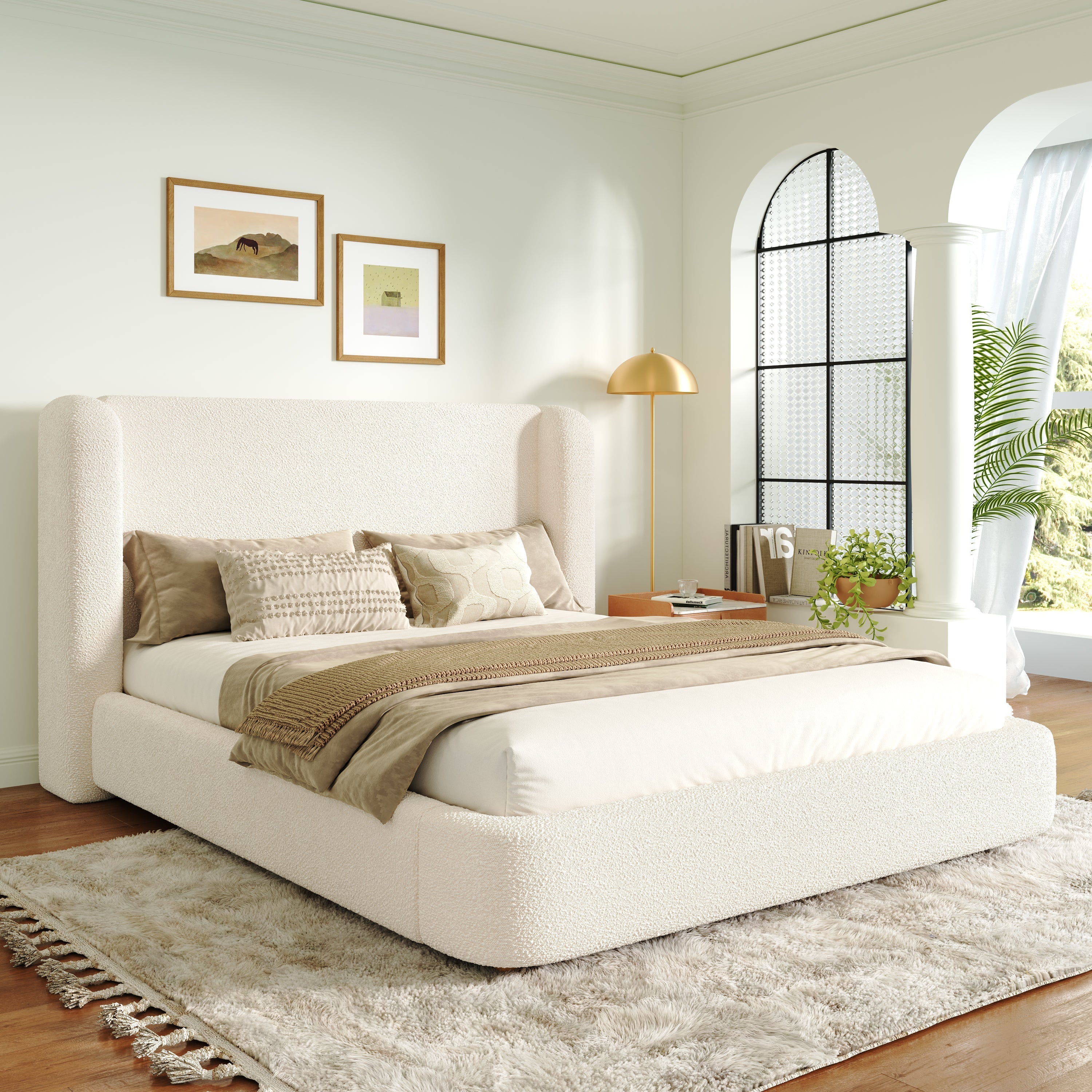 Upholstered Double Bed with Hydraulic Storage, Slatted Frame, and Headboard, Beige Bouclé, 160 x 200