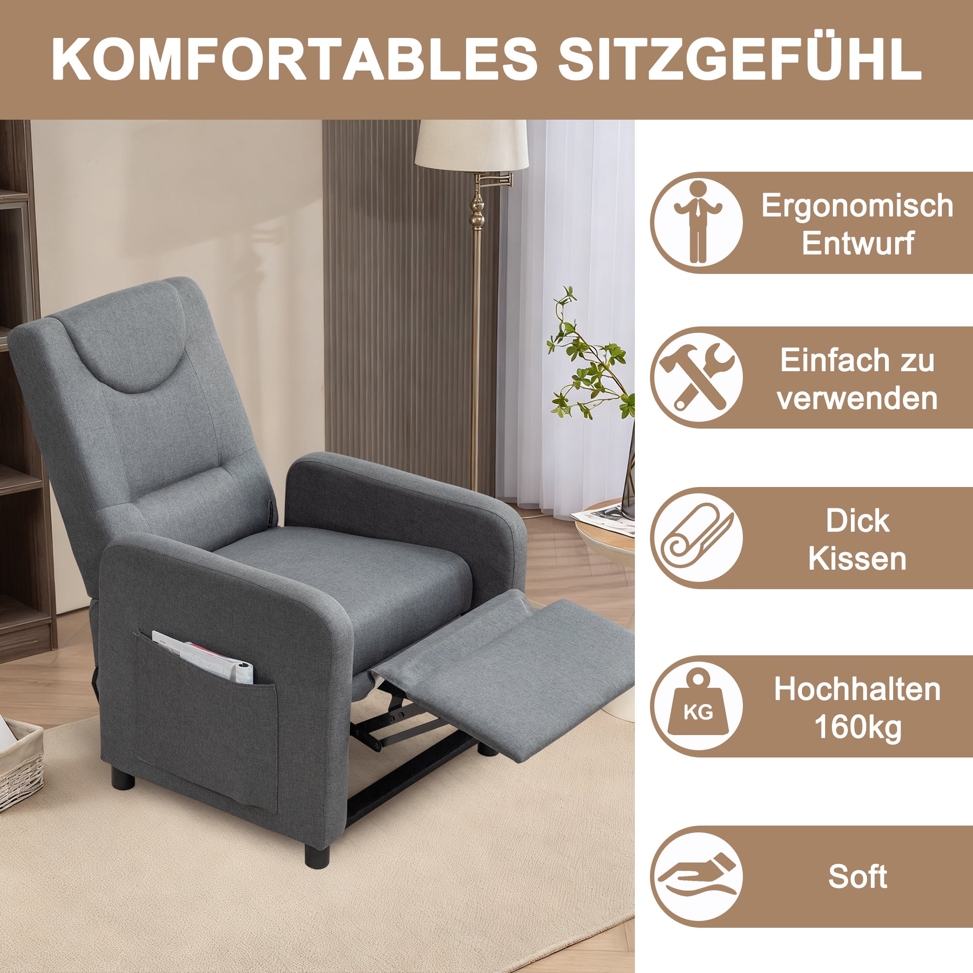 Reclining Armchair Adjustable Function - Dark Grey