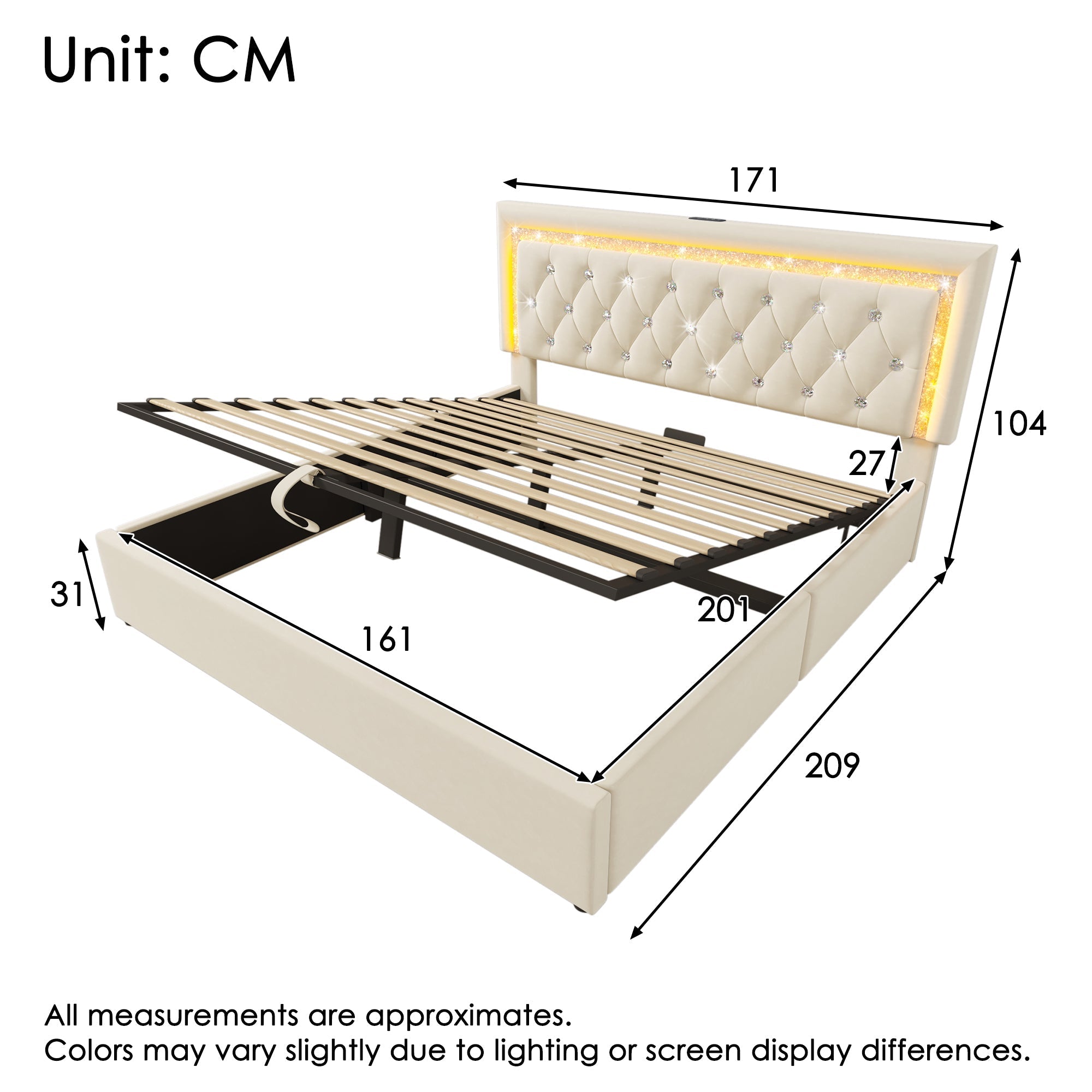 Upholstered Double Bed 160x200cm LED USB/Type-C Hydraulic Storage - Beige Velvet