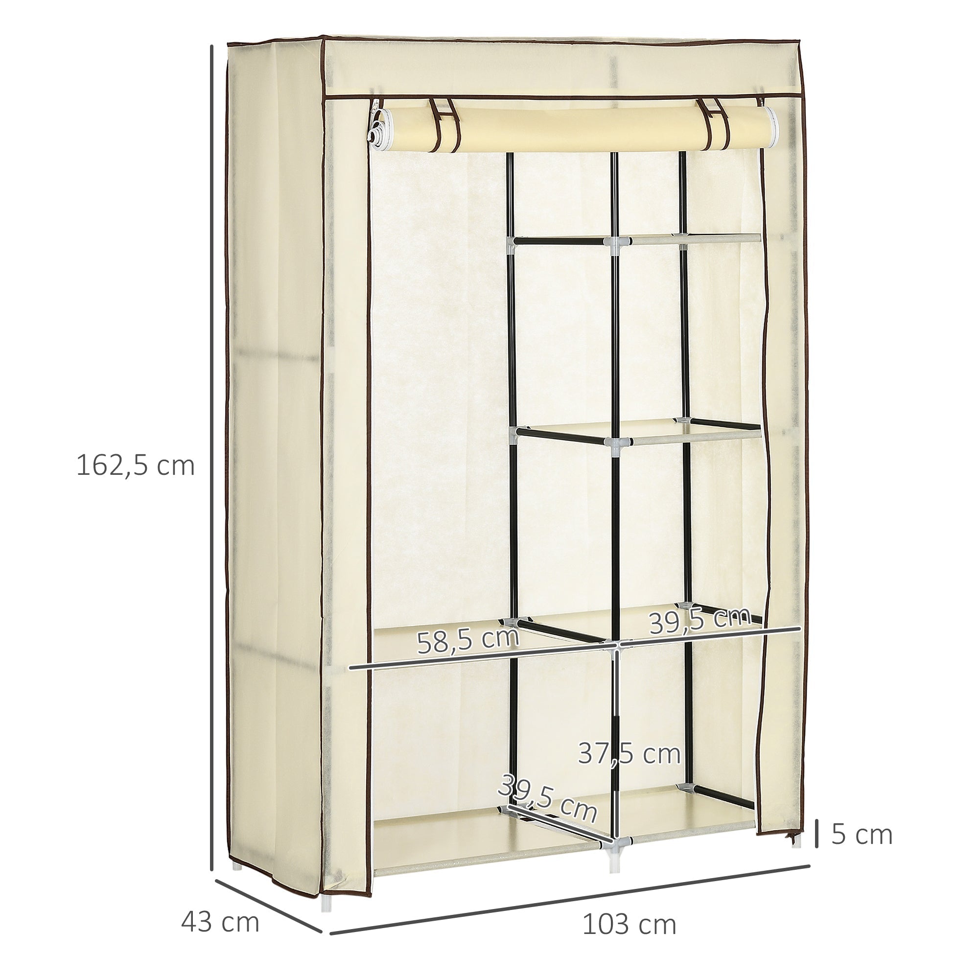 Kleiderschrank faltbar, 2 Kleiderstangen & 6 Fächer, Stoff Creme