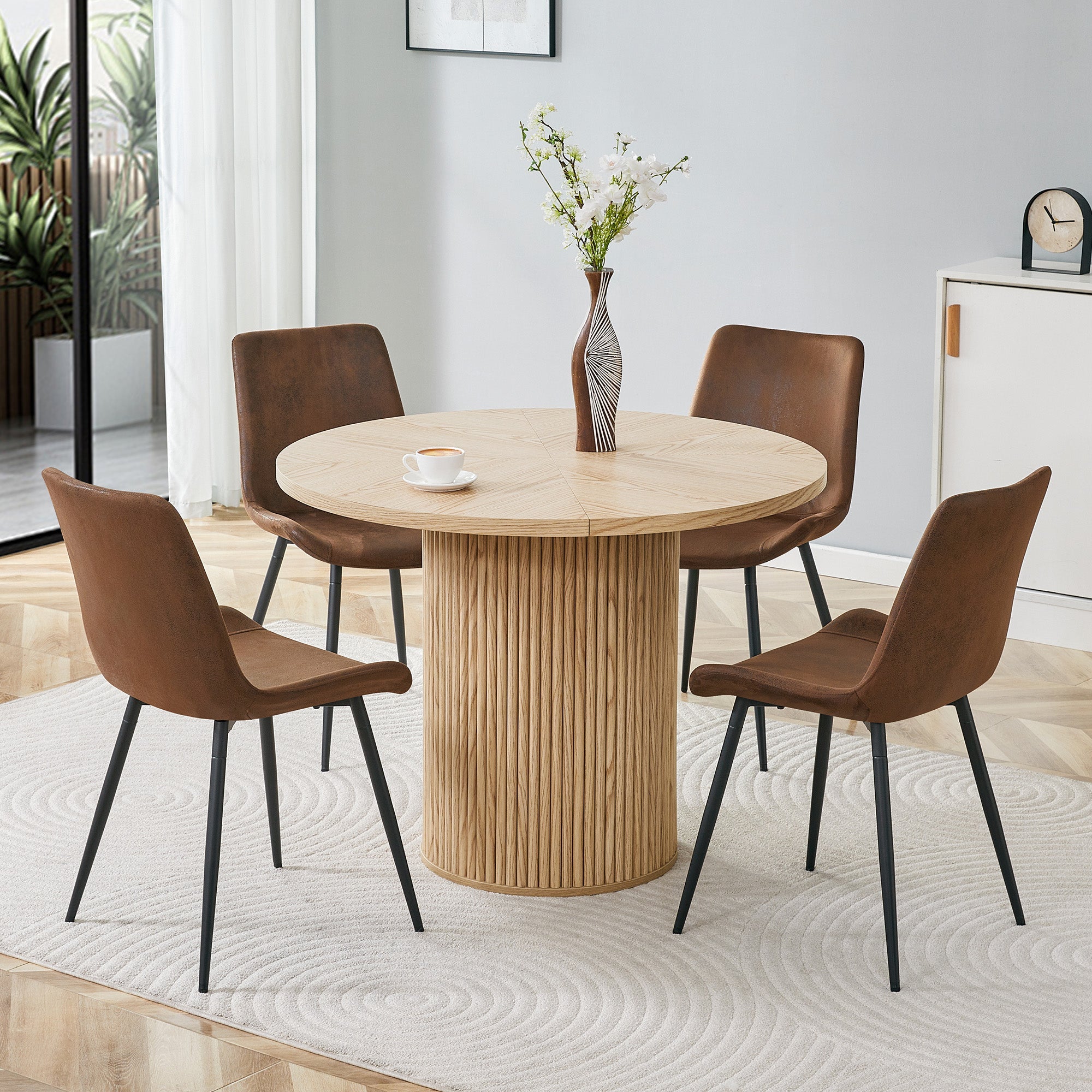 Minimalist Round Table Set, 100 cm MDF Dining Table & 4 Chairs, High-Tech Fabric