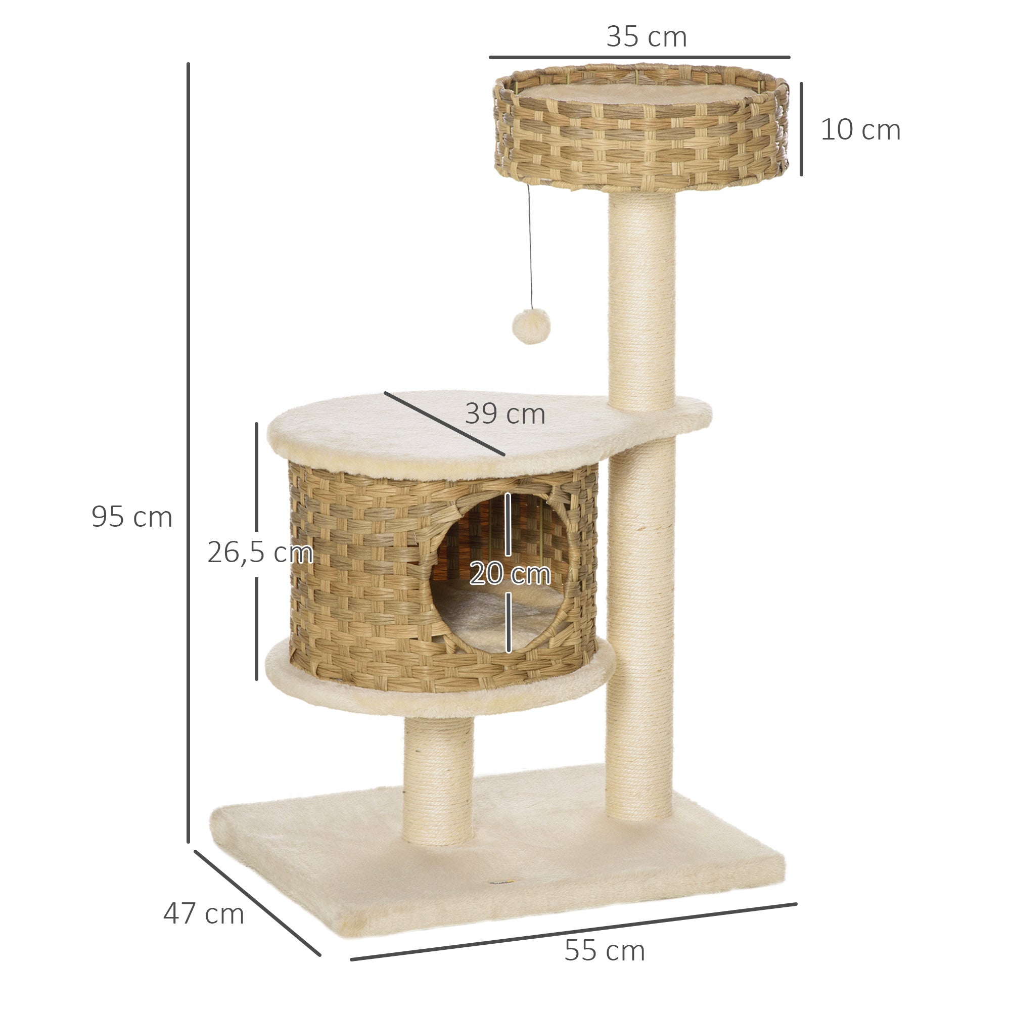 Rattan Cat Tree with Cat Cave, Ball Toy, Natural and Beige