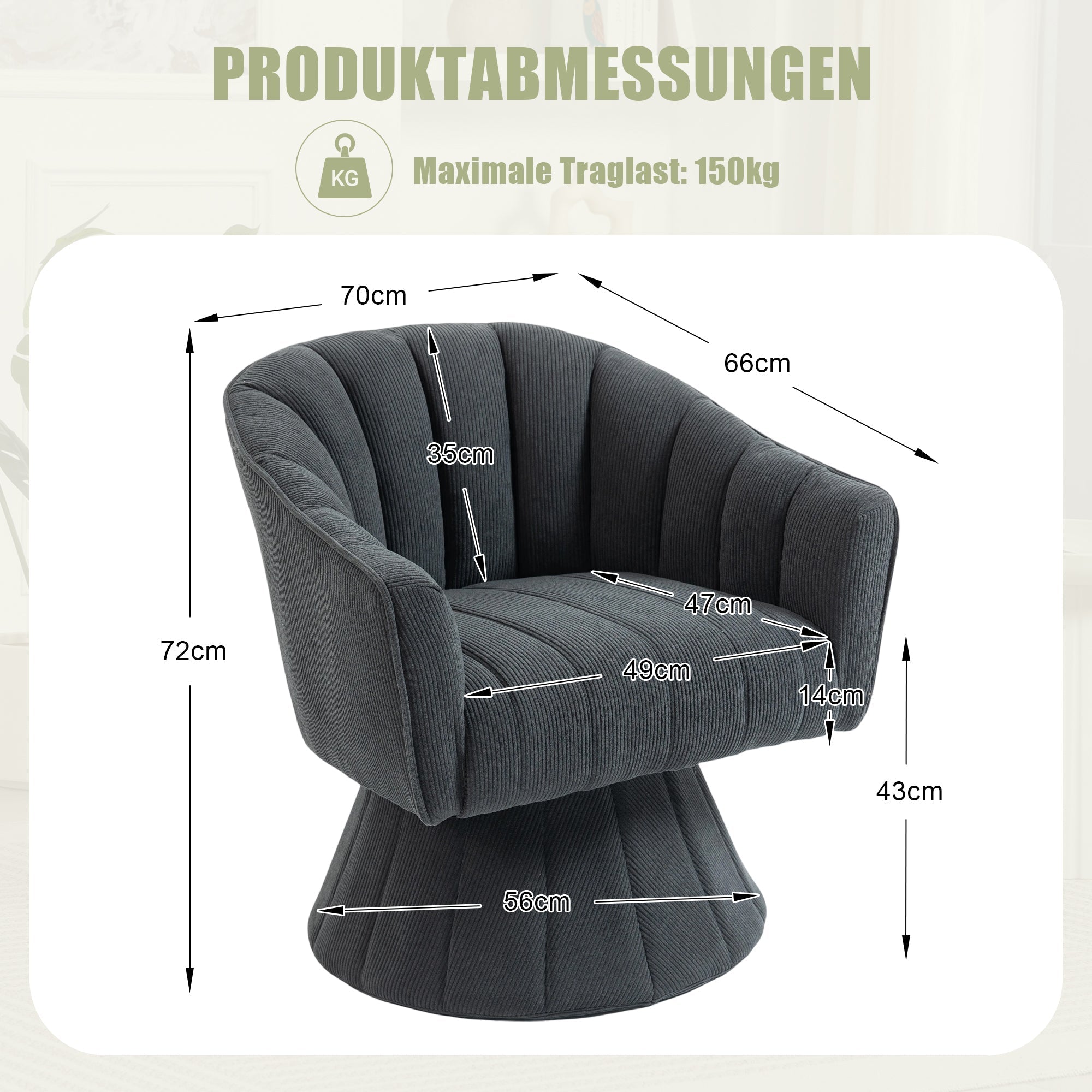 360° Swivel Chair with Ergonomic Cushions and Armrests, Dark Grey