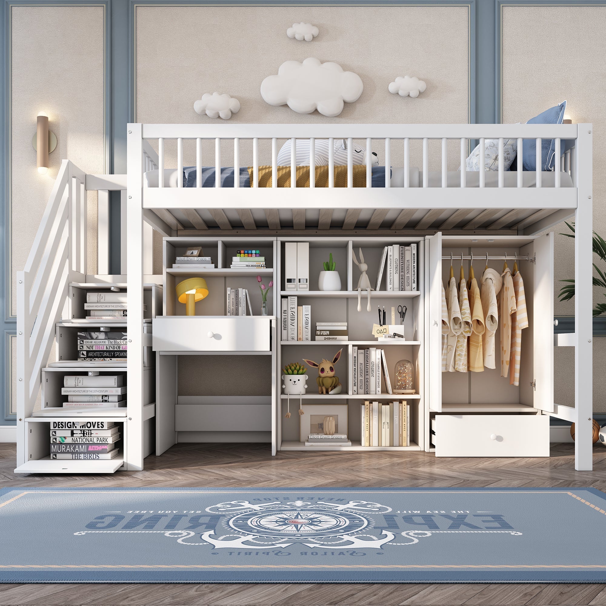 Children's Multifunctional Bed 90x200cm Desk Stairs Lockers Wardrobe - Solid Wood/MDF White