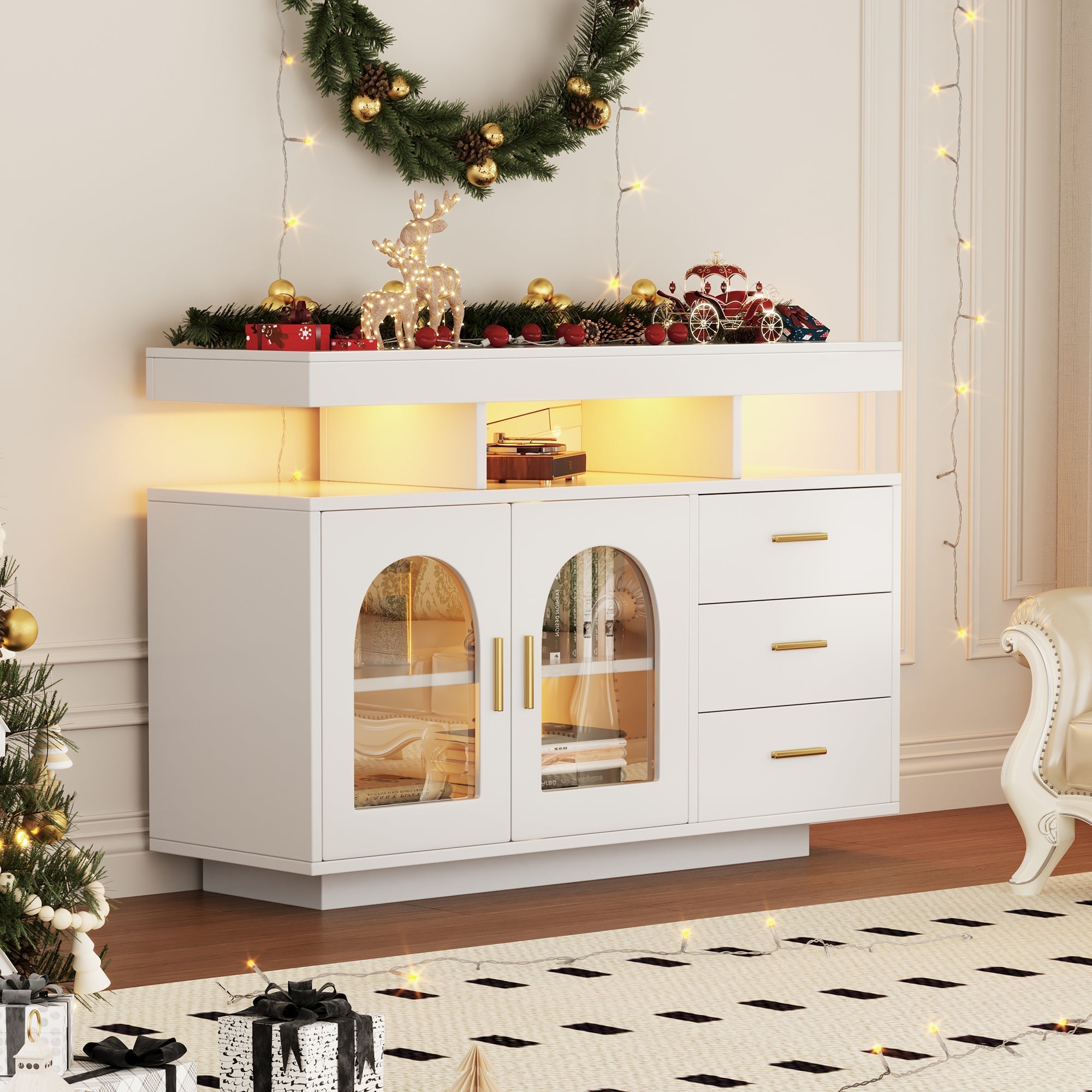 LED Sideboard Buffet 120cm High Gloss Coffee Bar Drawer Cabinet 16 Color Lights White