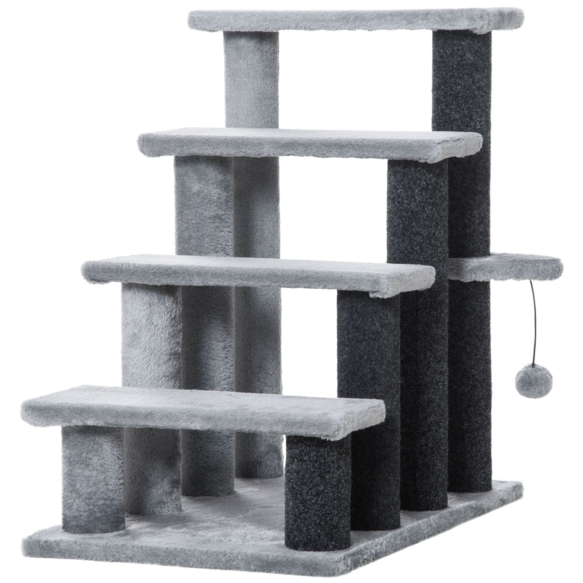 Katzentreppe, 64cm 4 Stufen mit Spielball, Jute und Plüsch, Grau