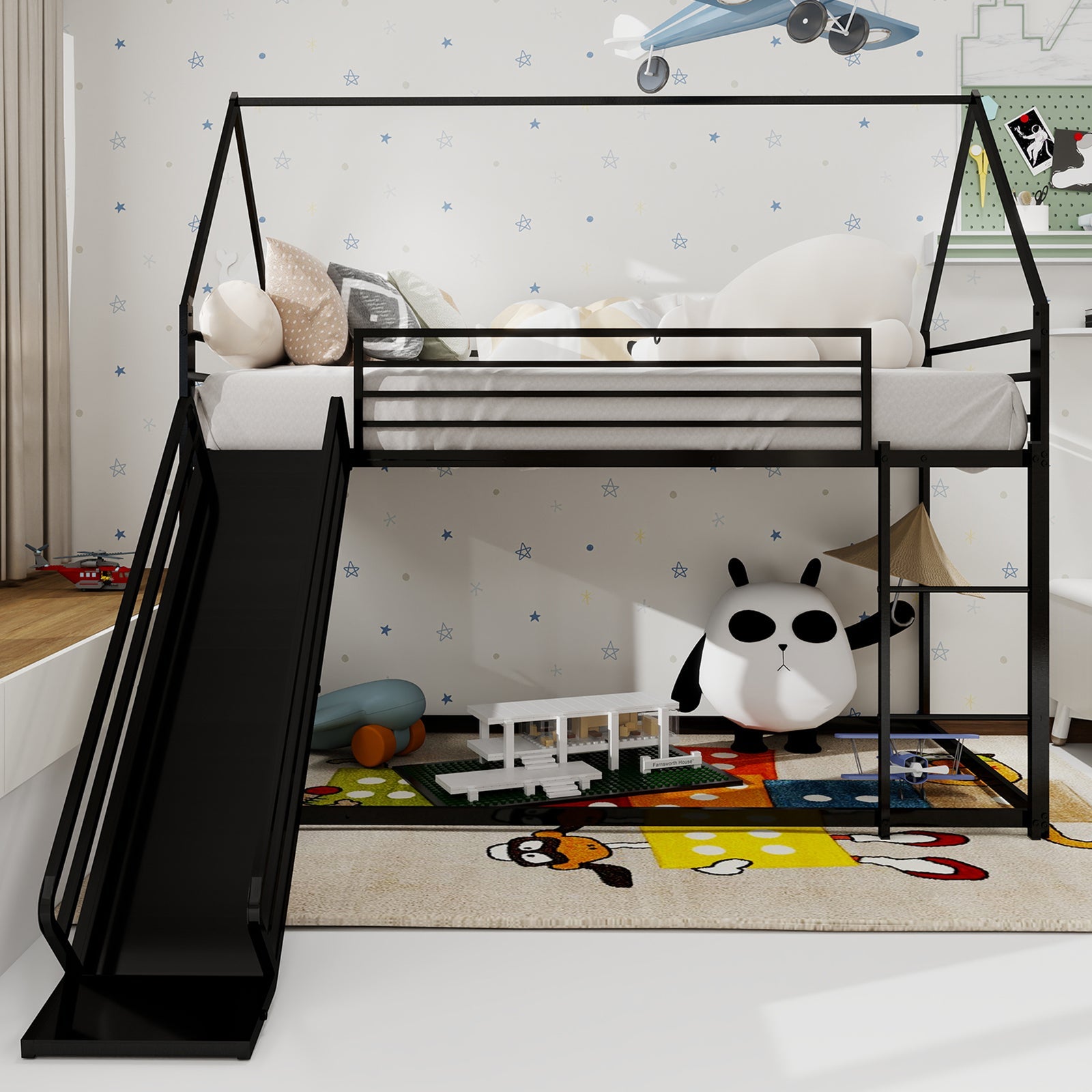 Twin over Twin Bunk Bed with Slide, House Shaped, Metal – Rathwood