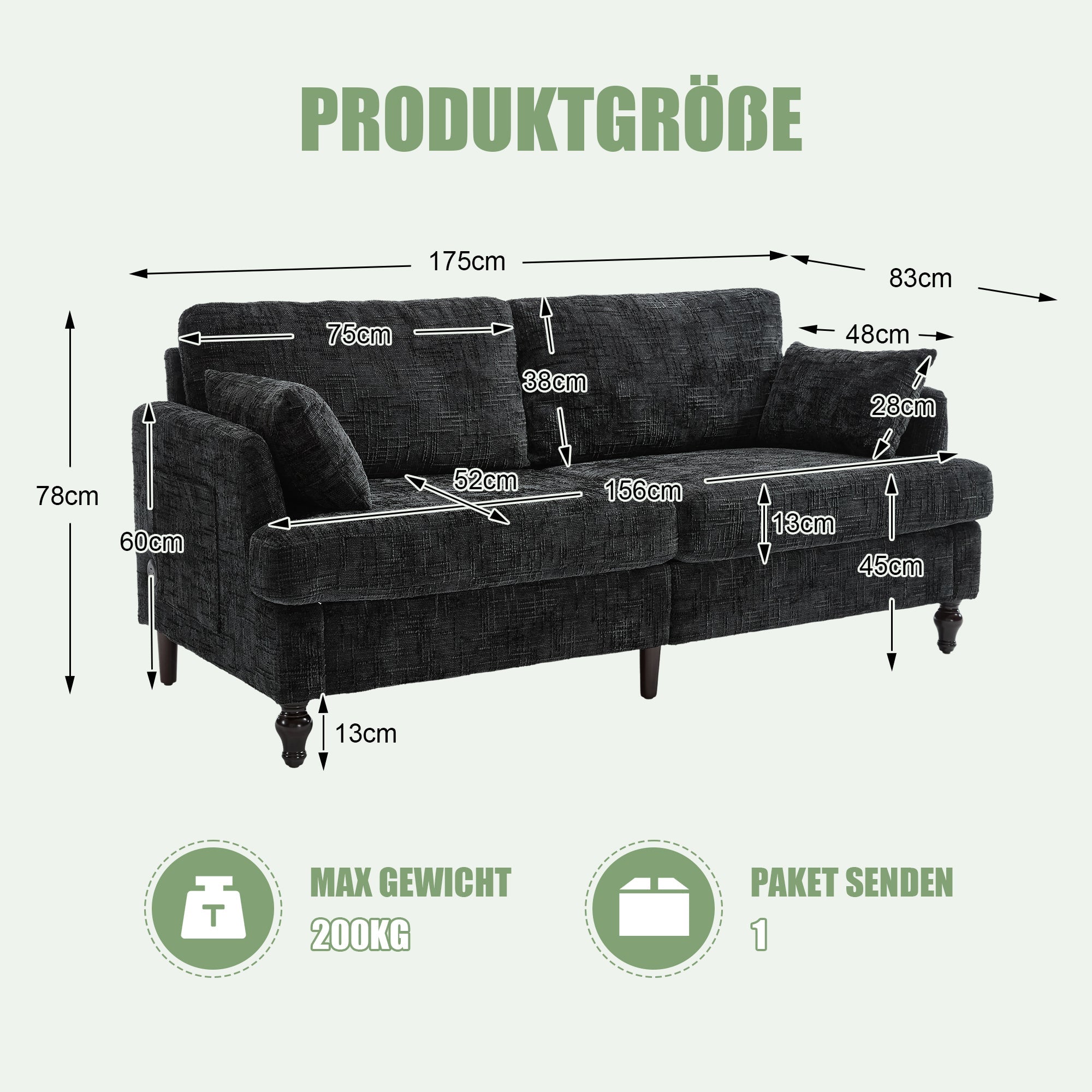 Sofa, 2-Seater with Wooden Legs, LED Light, USB, Storage Bag, Chenille