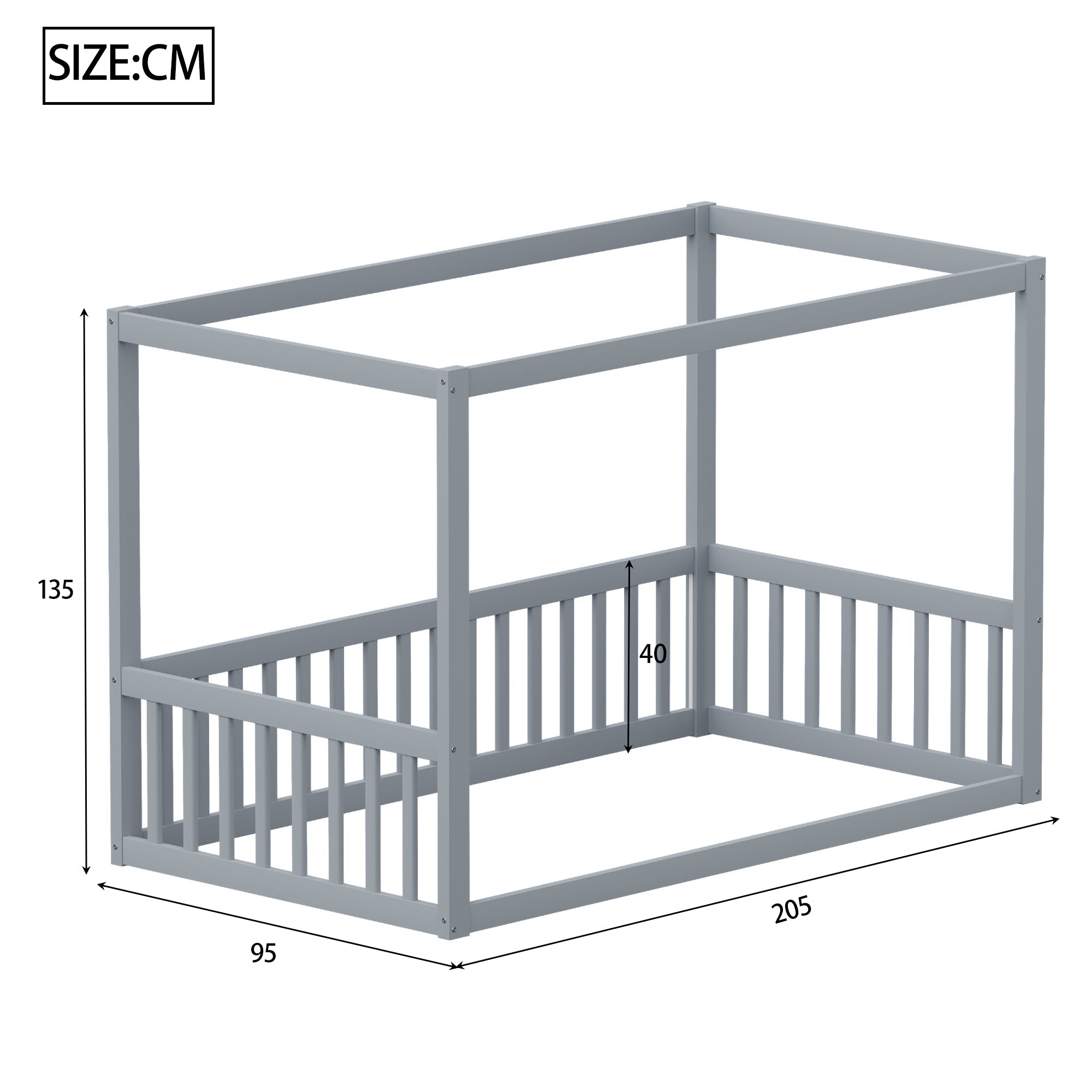 Children's Canopy Bed - 90 x 200 cm, Solid Wood Frame, Grey