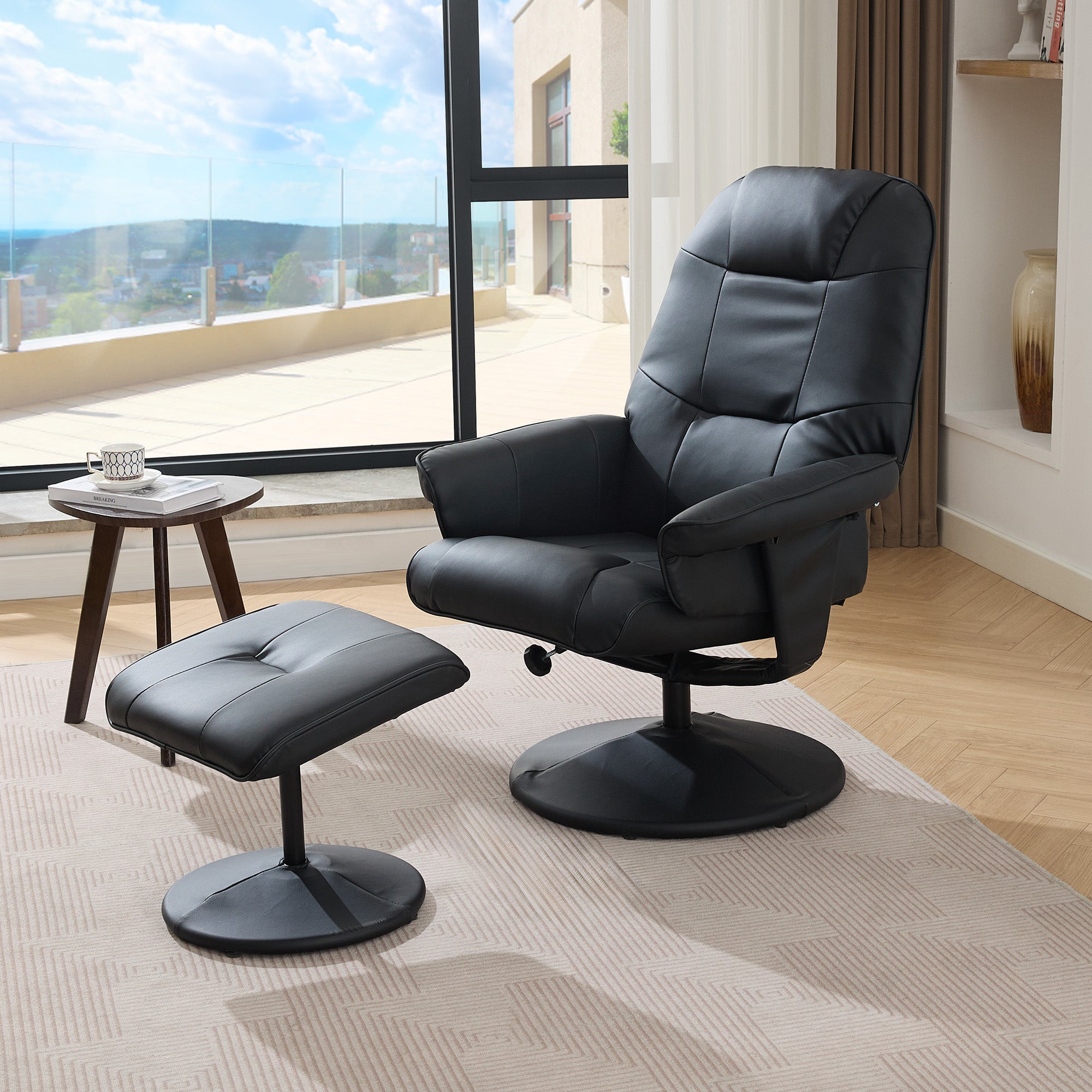 Massage Chair: Reclining, Heating & Stool, 360° Rotation, Black PU Fabric