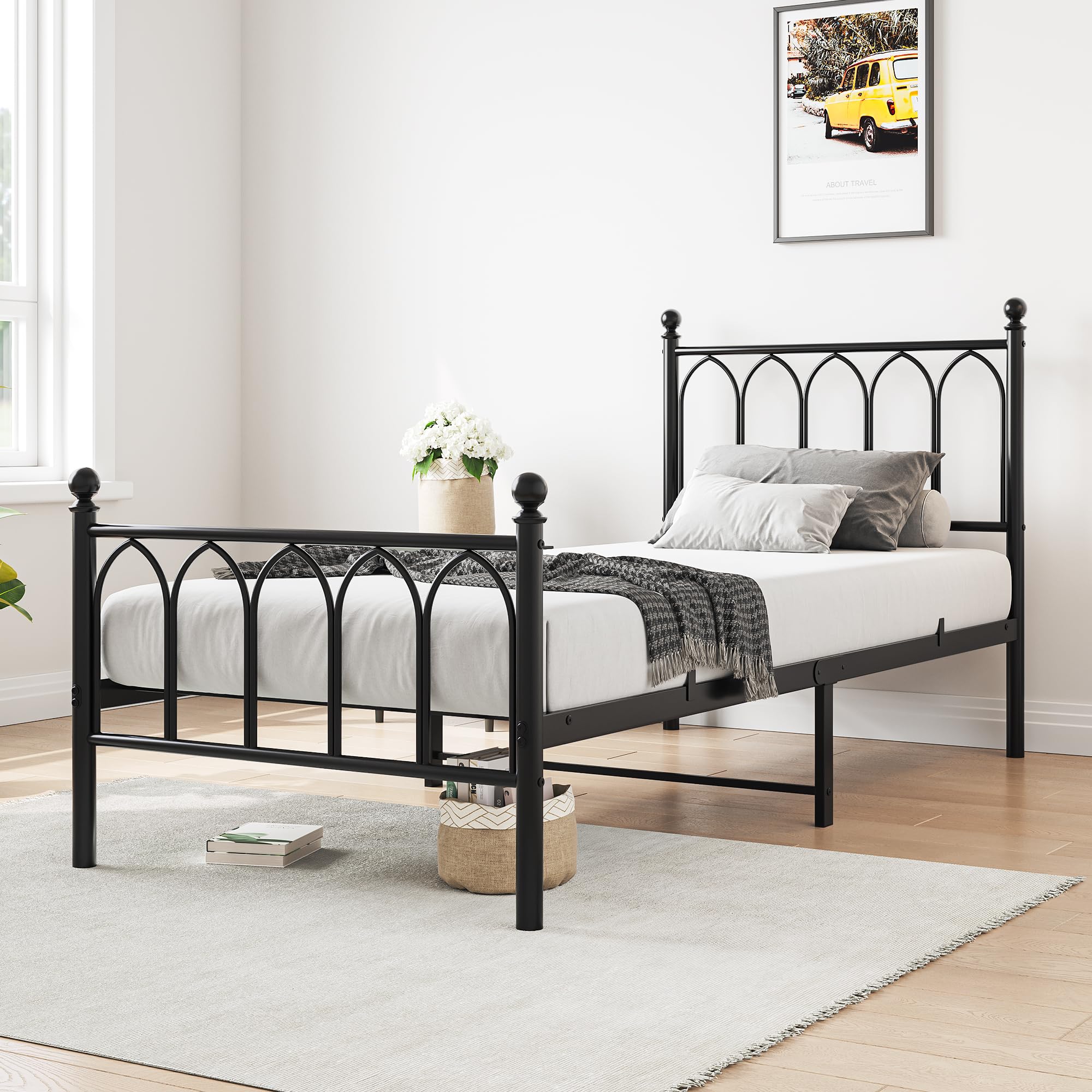 Metal Bed Frame 90x200cm Vintage Headboard Footboard Under-bed Storage - Black