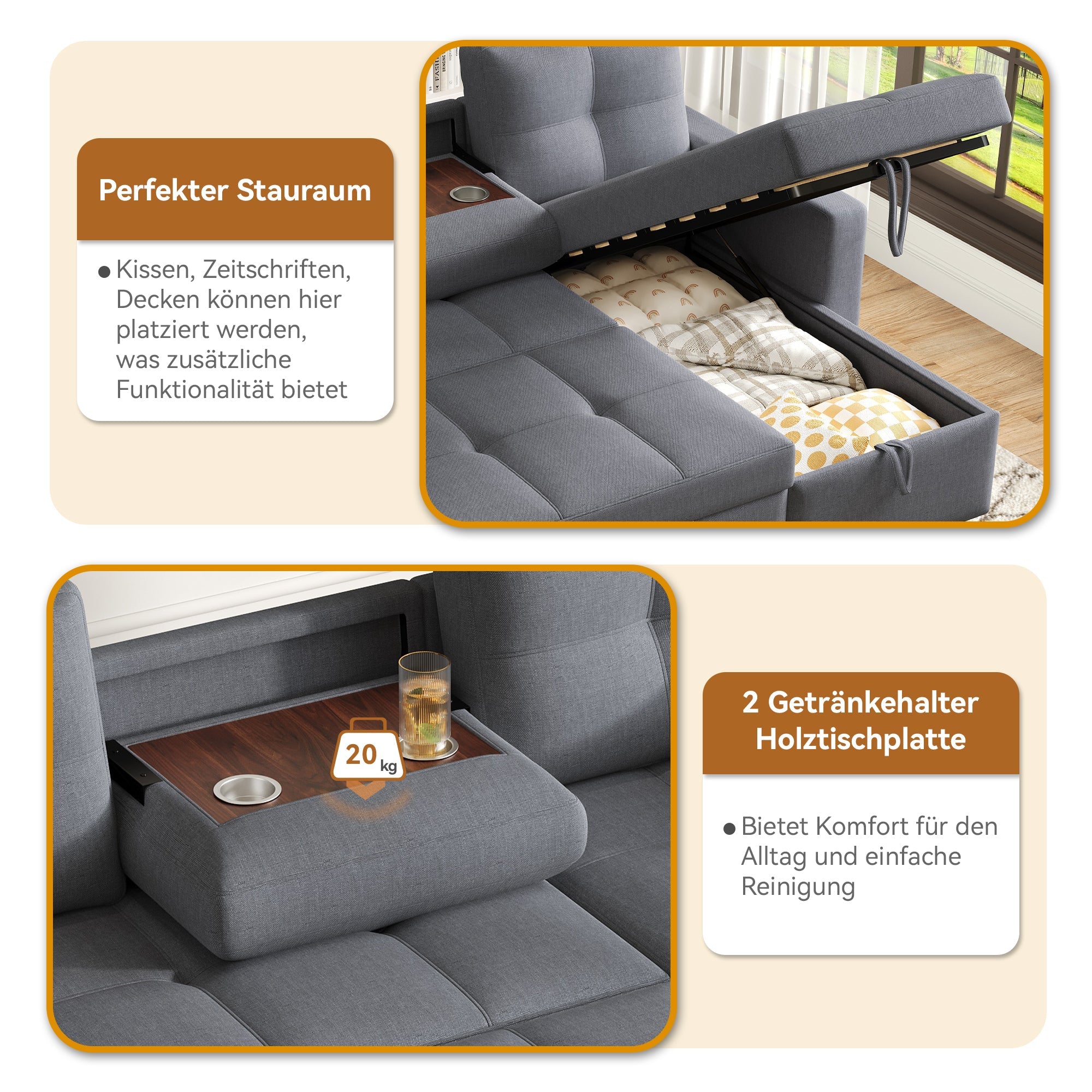 Modern L-Sofa Modular Pull-out Sofa Bed Sleeping Function Storage Cup Holder