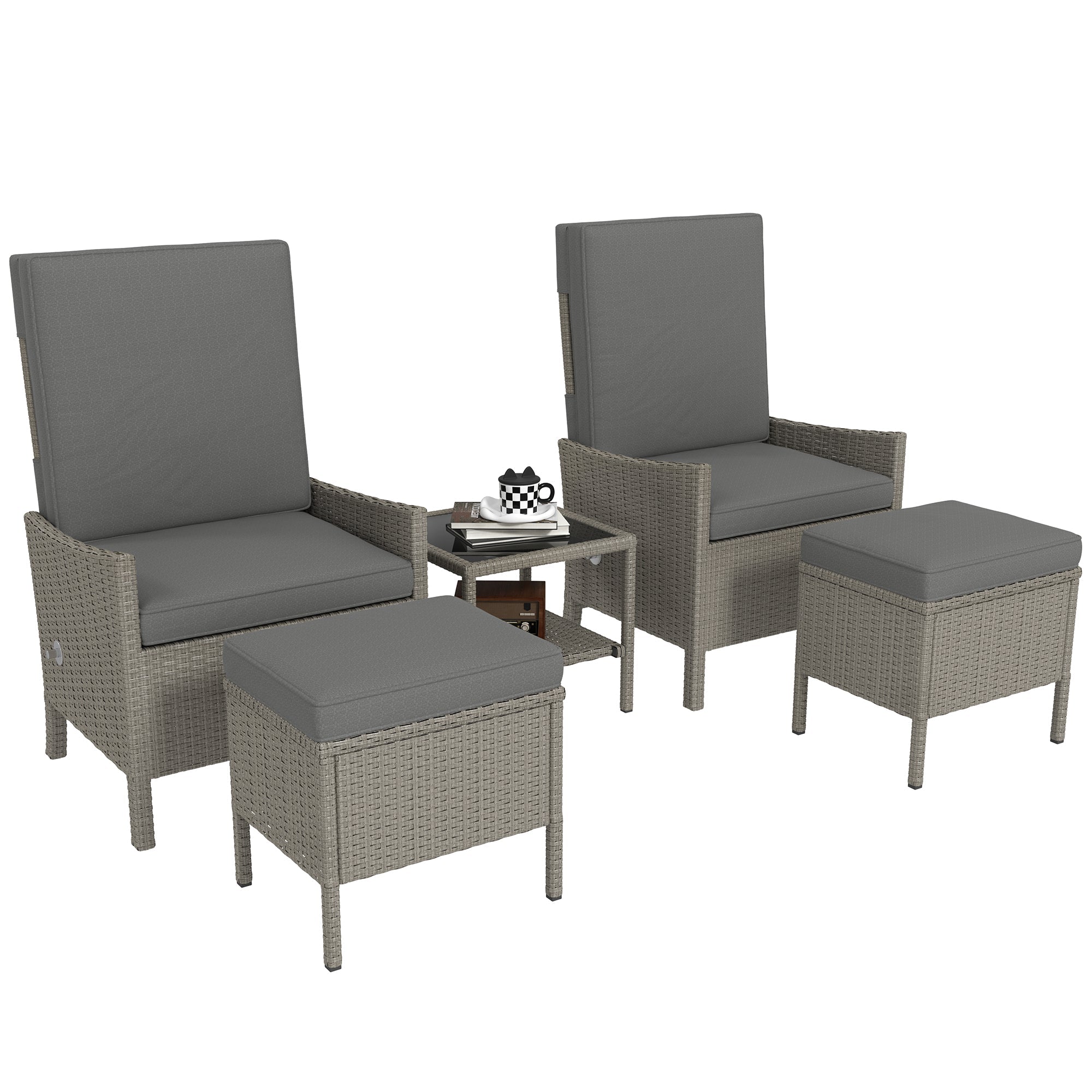 5 Piece Rattan Garden Furniture Set with Adjustable Armchairs and Glass Table, Dark Grey Wicker