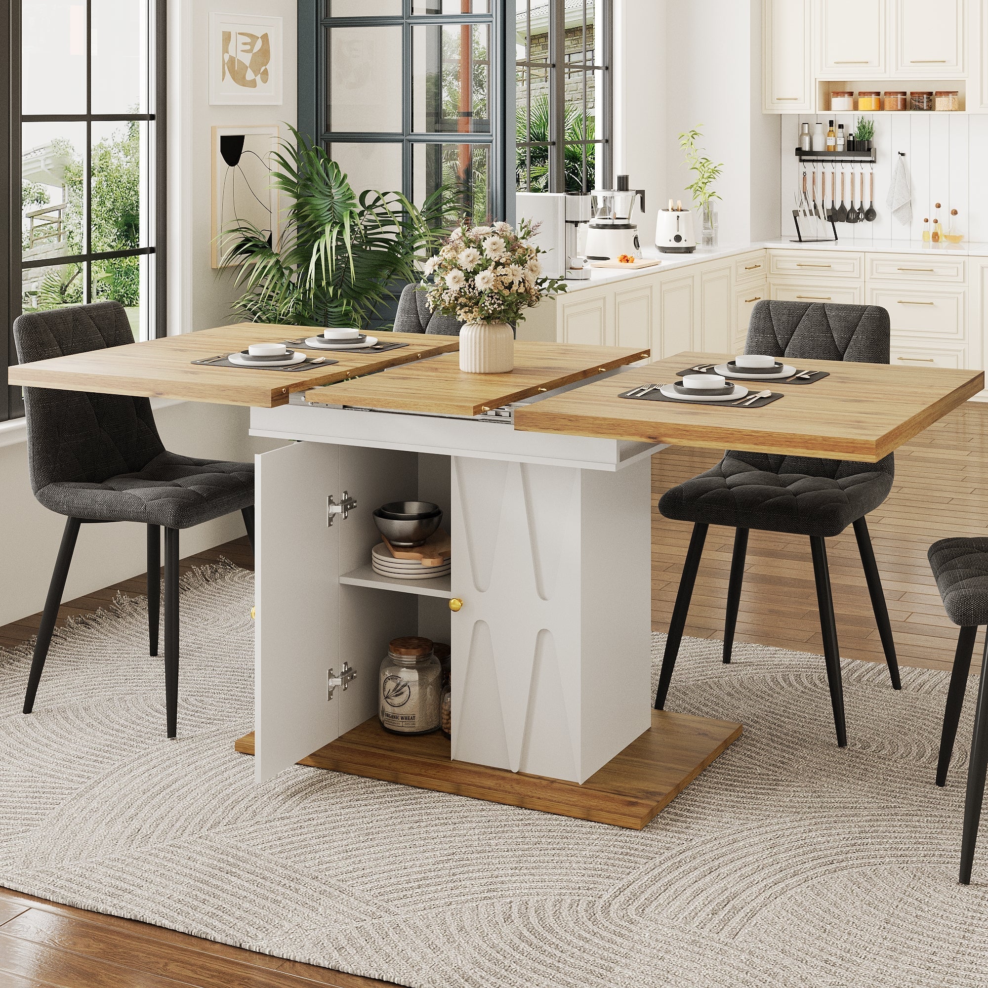 5-Piece Dining Set Extendable Table 110/140cm with 4 Chairs Cotton-Linen Grey