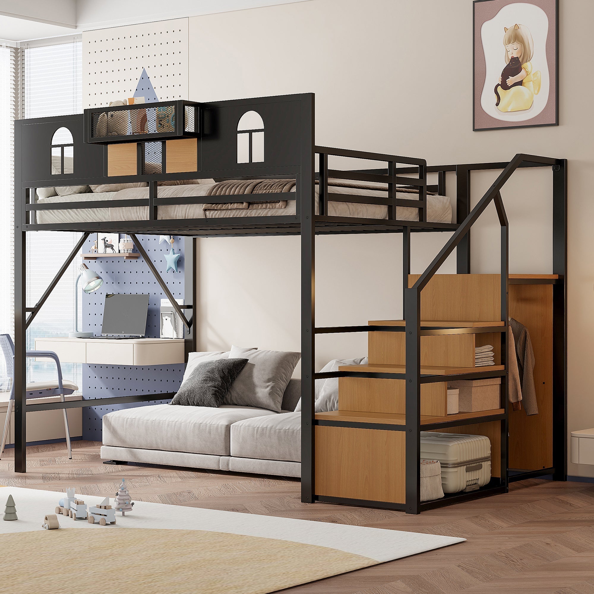 Large Metal Loft Bed with Storage Stairs and Integrated Shelving, Black and Wood Look