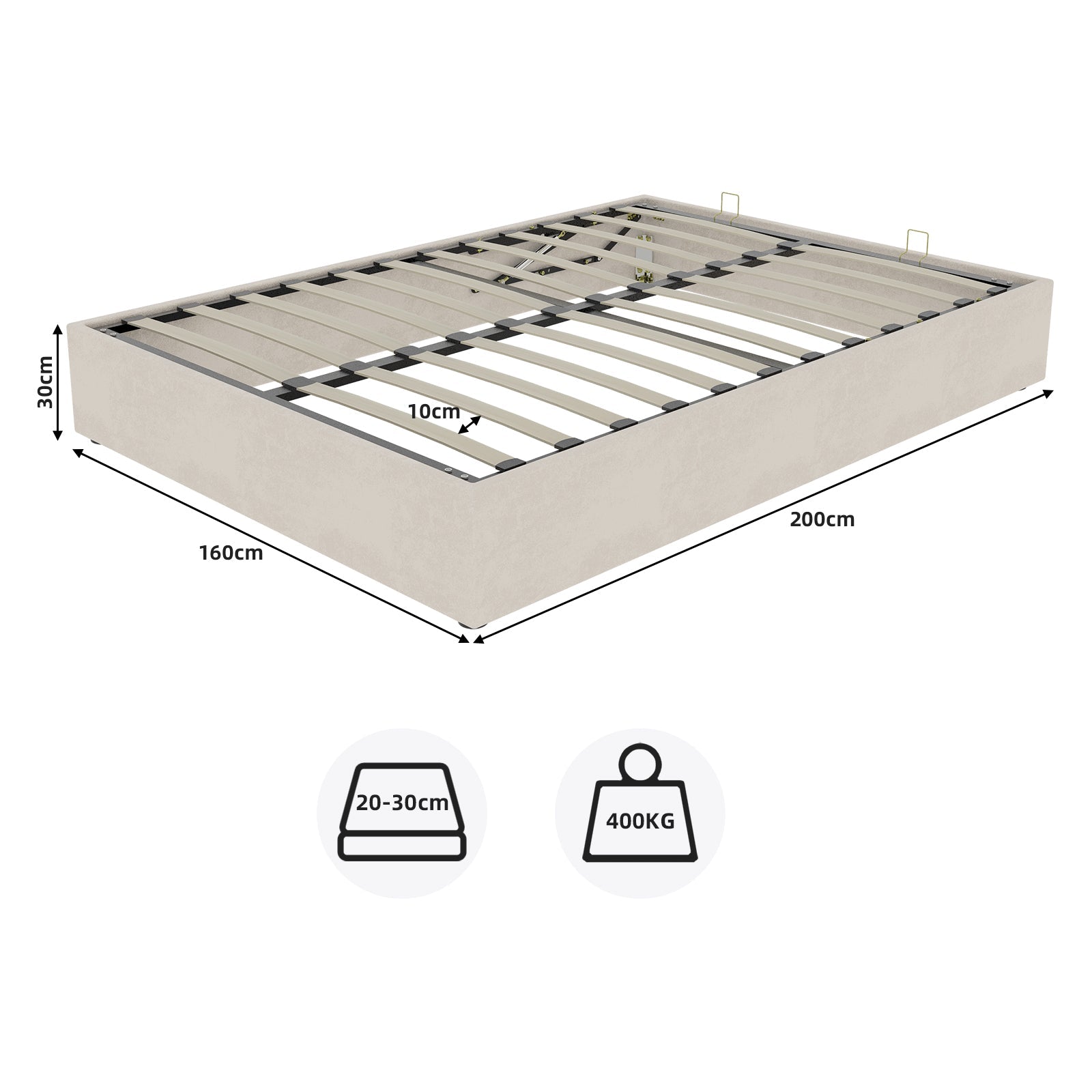 Bed Frame Modern Minimalist 160x200cm Gas Lift Storage - Beige Dutch Velvet