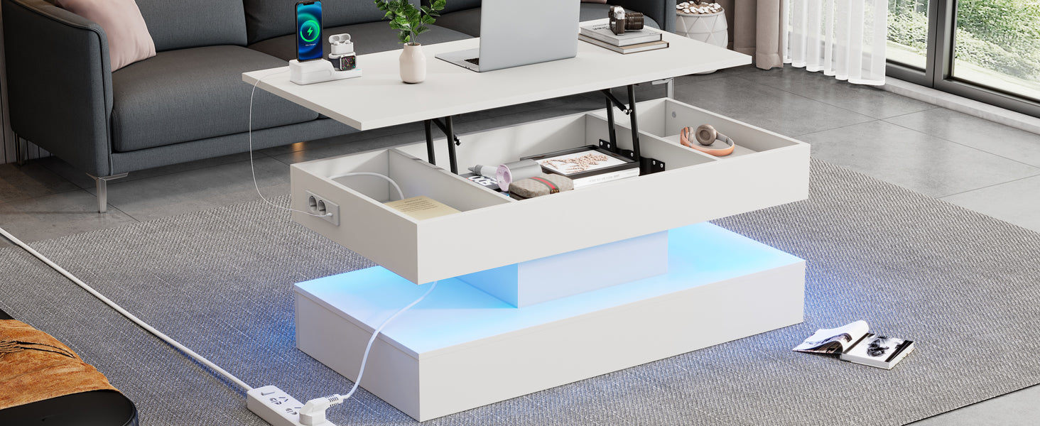 Modern Coffee Table LED Storage Hydraulic Lift 100x50x42cm