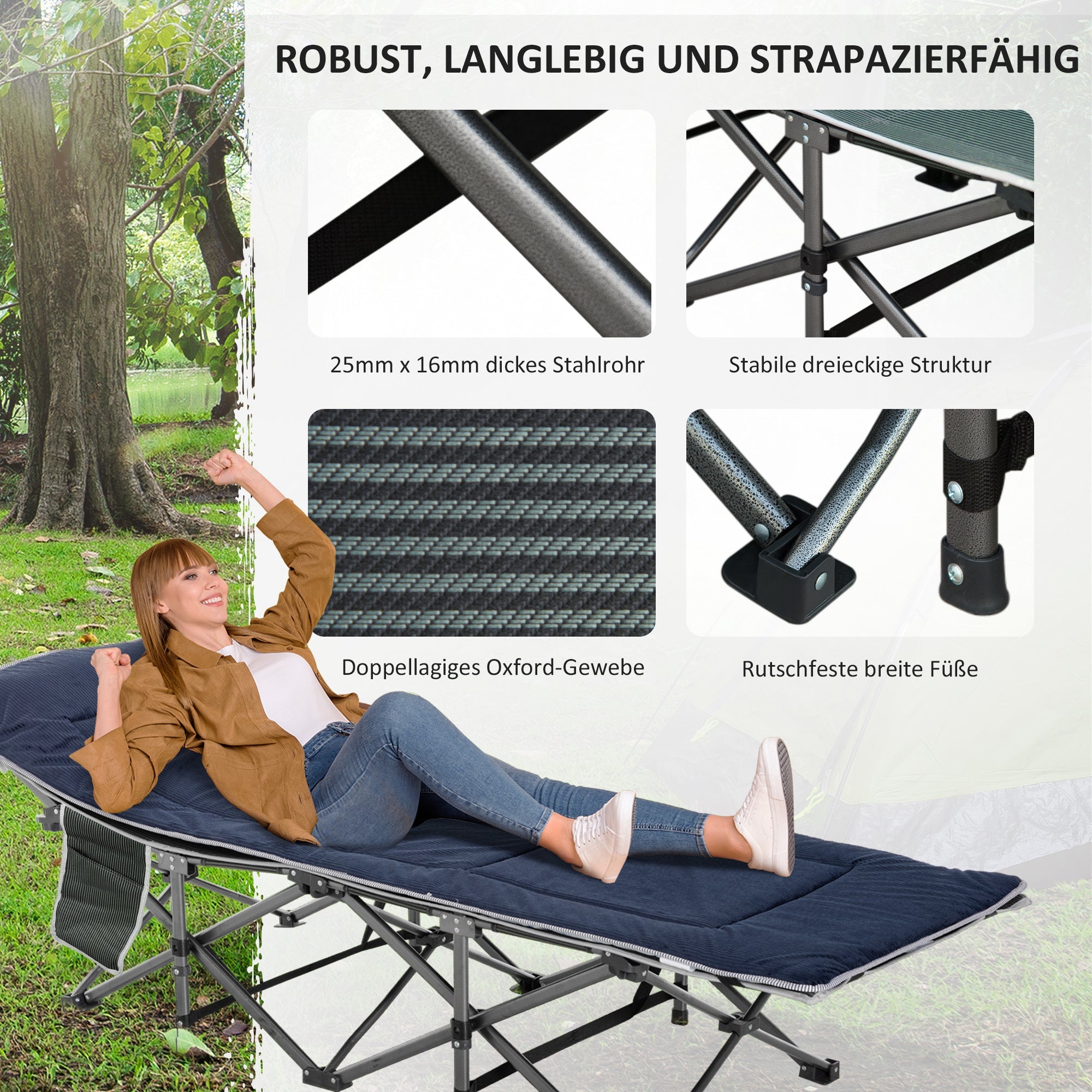 Folding Camping Bed, Portable Guest Bed with Pillow & Side Pocket 150kg, Oxford Dark Blue/Grey