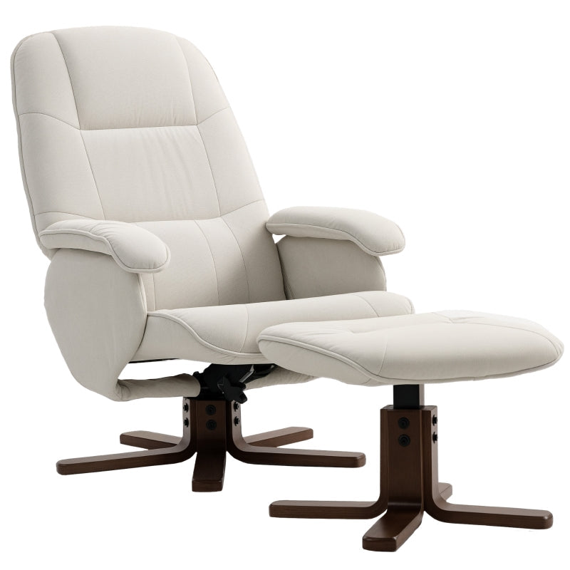 Linen Swivel Recliner Chair with Footstool, Upholstered Reclining Armchair, Beige