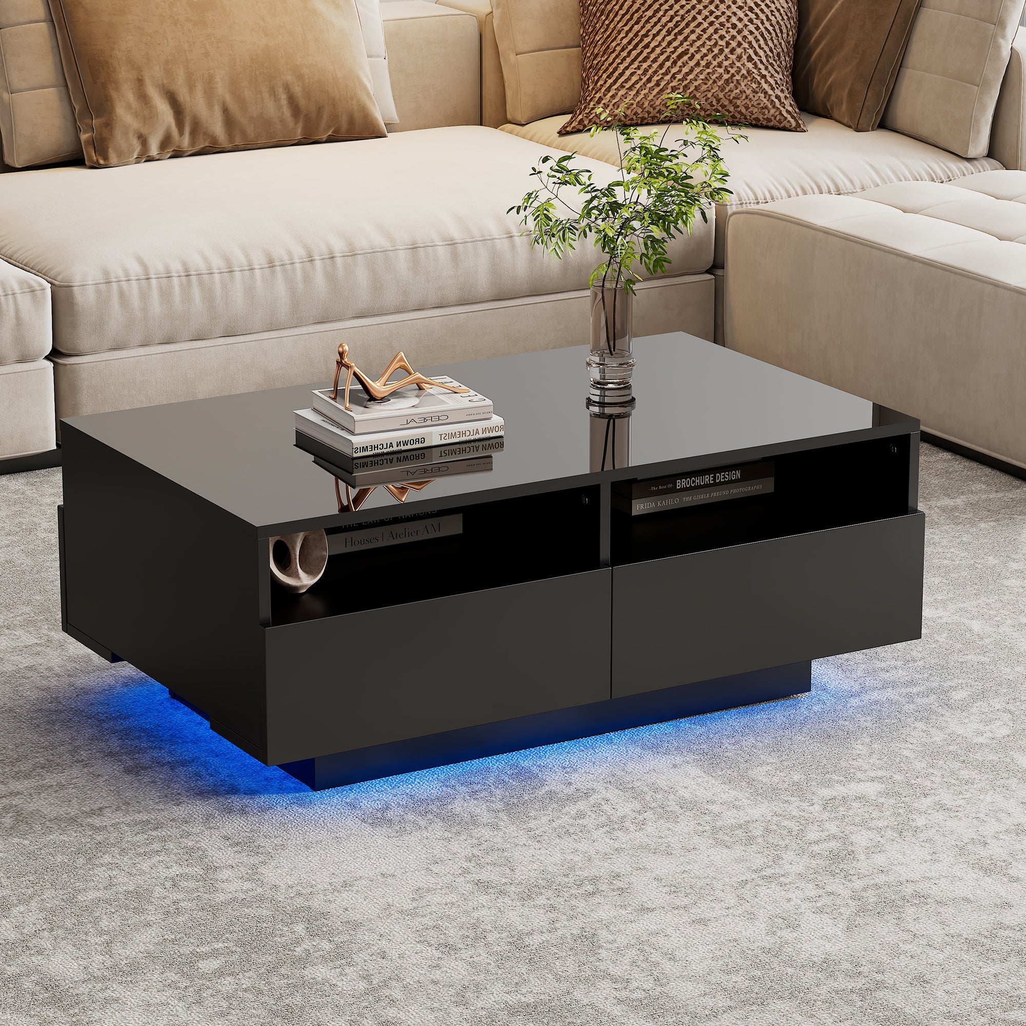 LED Coffee Table with 4 Drawers, Modern Center Table with 16 Colors LED Lights, High-Gloss
