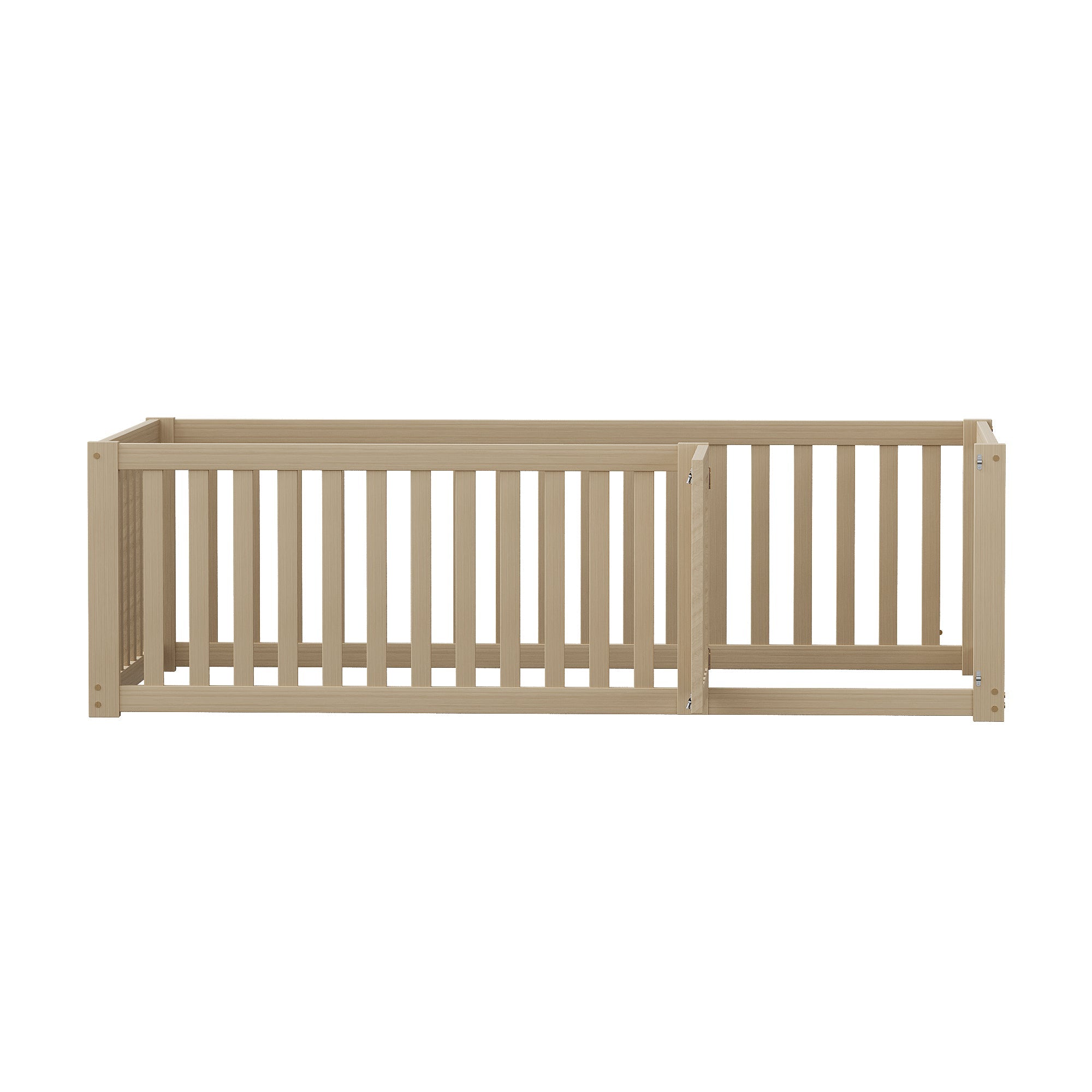 Children's bed 90 x 200, floor bed frame with fence and door, wood