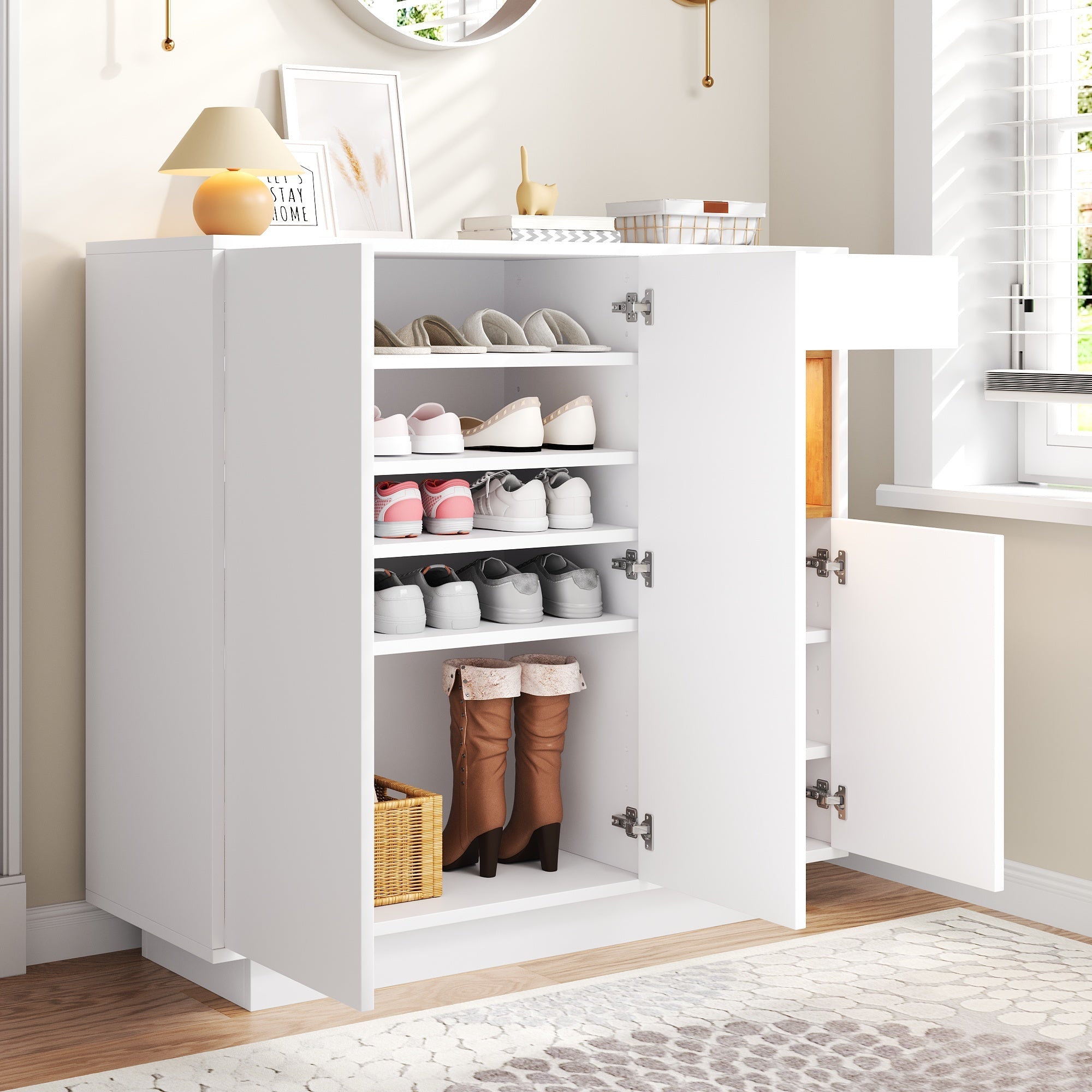 Shoe Cabinet with Adjustable Shelves for 14-18 Pairs, White and Natural Wood