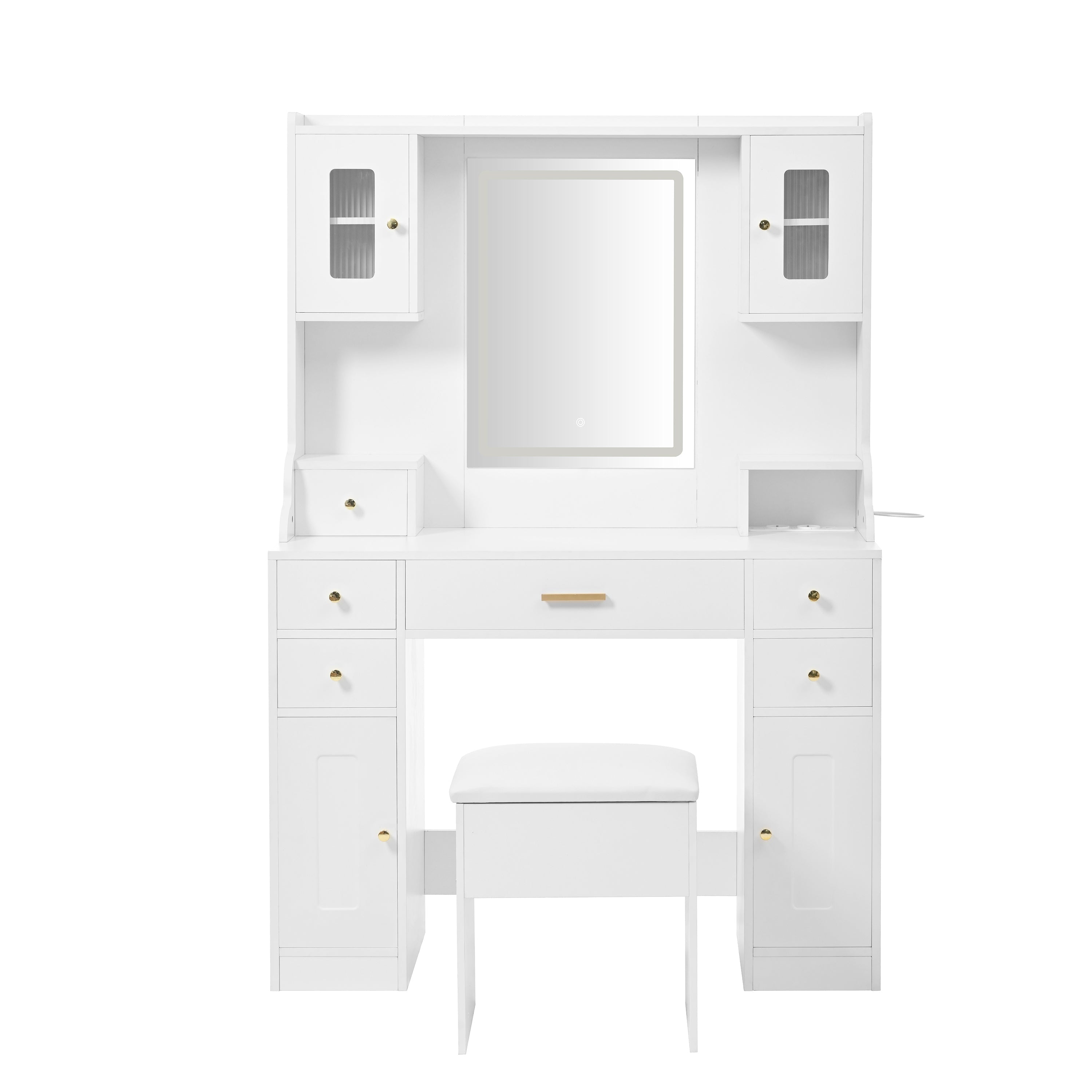 Dressing table with adjustable LED lighting, power outlets, mirror, 6 drawers, 4 doors, white